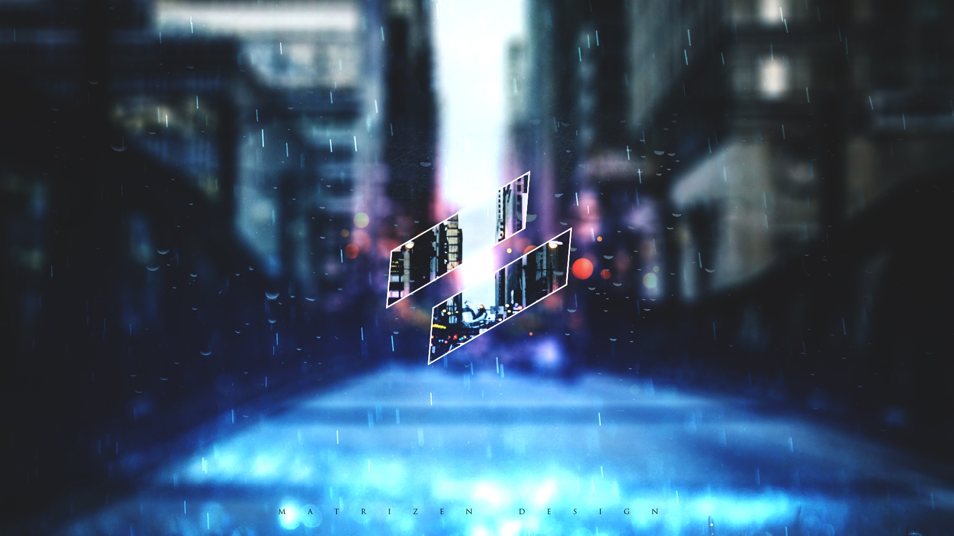 Rainy Cityscape with Abstract Logo HD Wallpaper