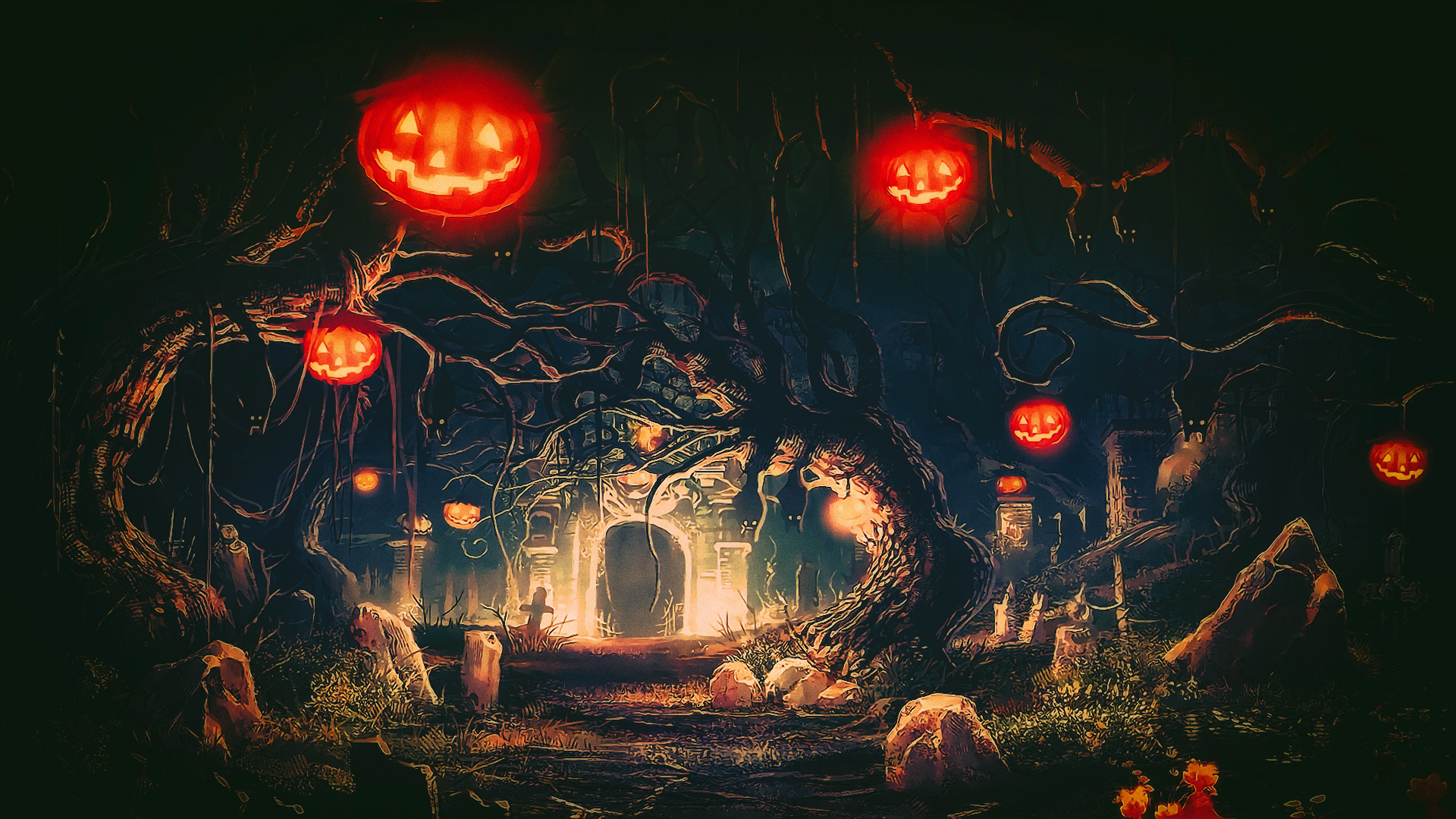 Halloween night with jack-o'-lanterns and a spooky entrance HD Wallpaper