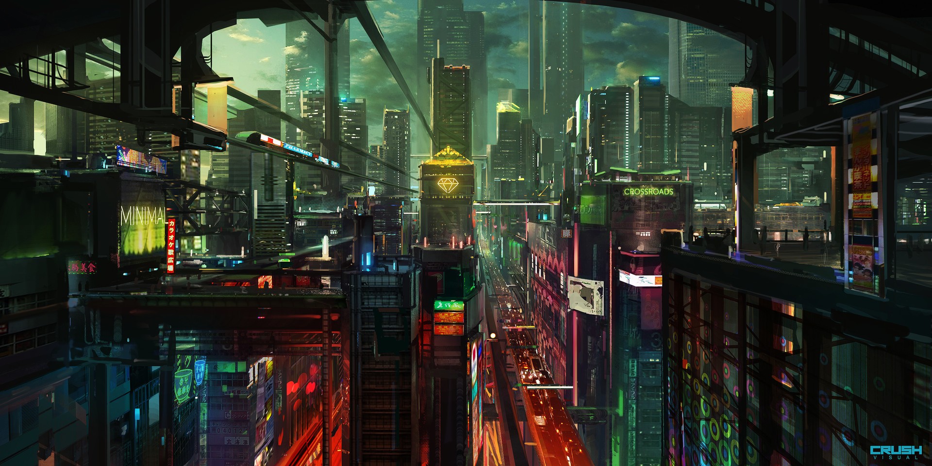 Cyberpunk city at night with neon lights and skyscrapers HD Wallpaper