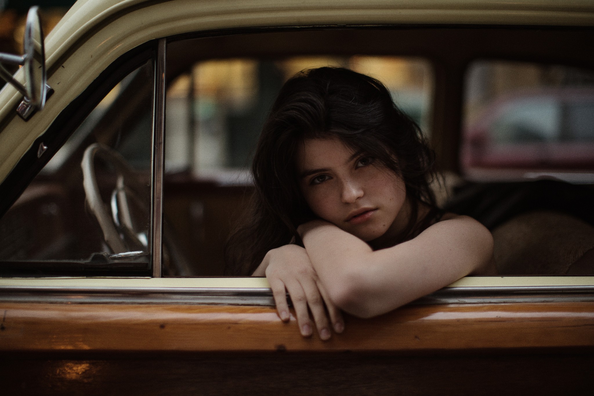 Raluca Vlad in a vintage car HD Wallpaper