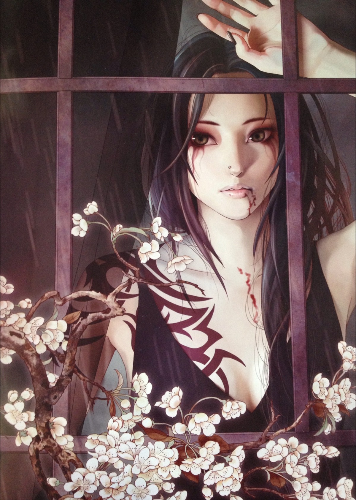 Woman with cherry blossoms and tattoos behind a window HD Wallpaper