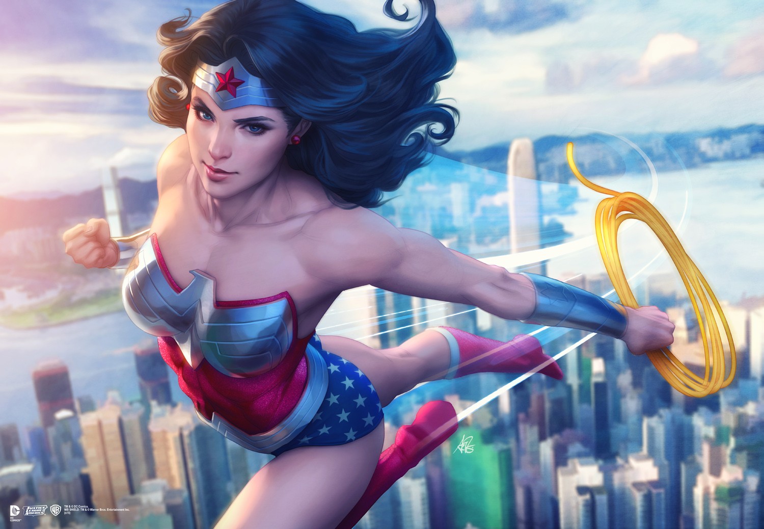 Wonder Woman flying over a city with her lasso HD Wallpaper