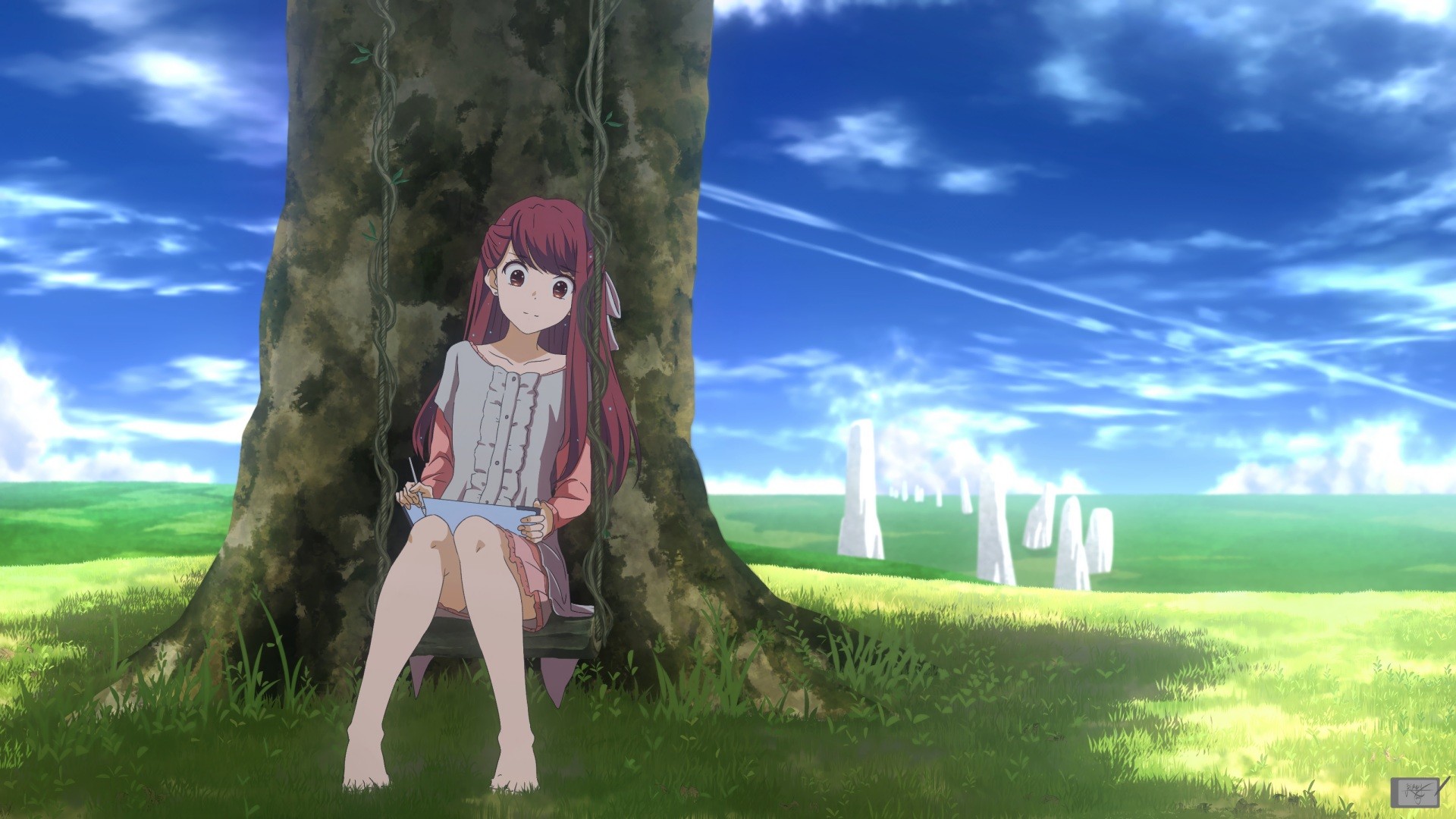 Girl on a swing under a tree drawing HD Wallpaper