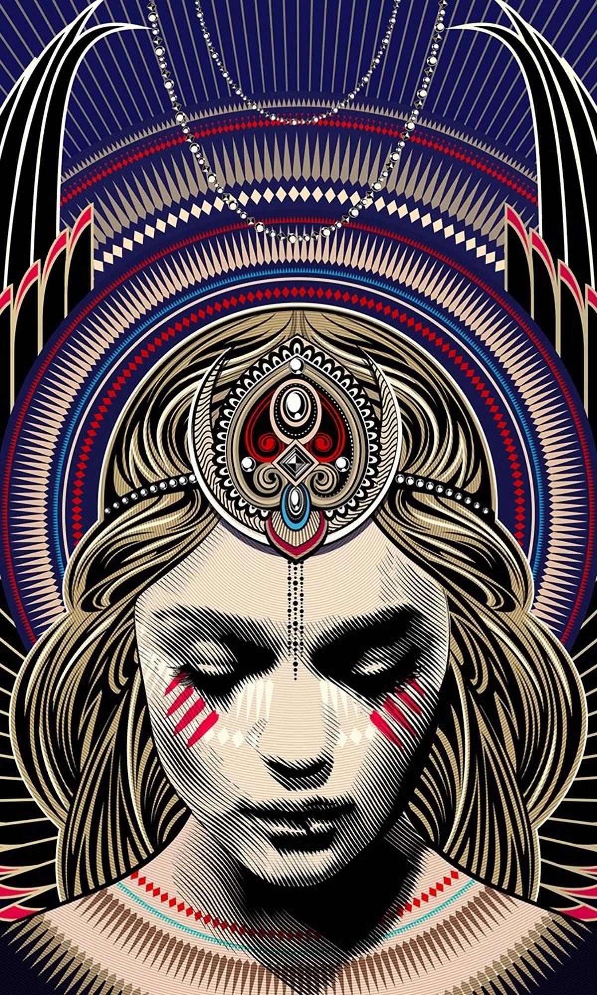 Artwork of a woman with elaborate headdress and face paint HD Wallpaper
