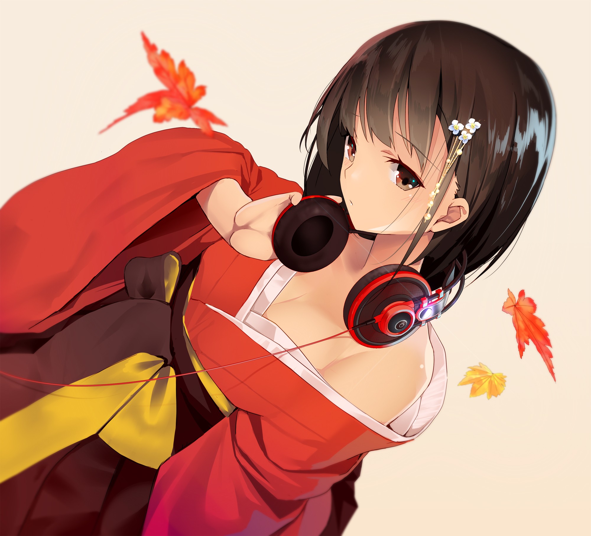 Anime girl in kimono wearing headphones HD Wallpaper