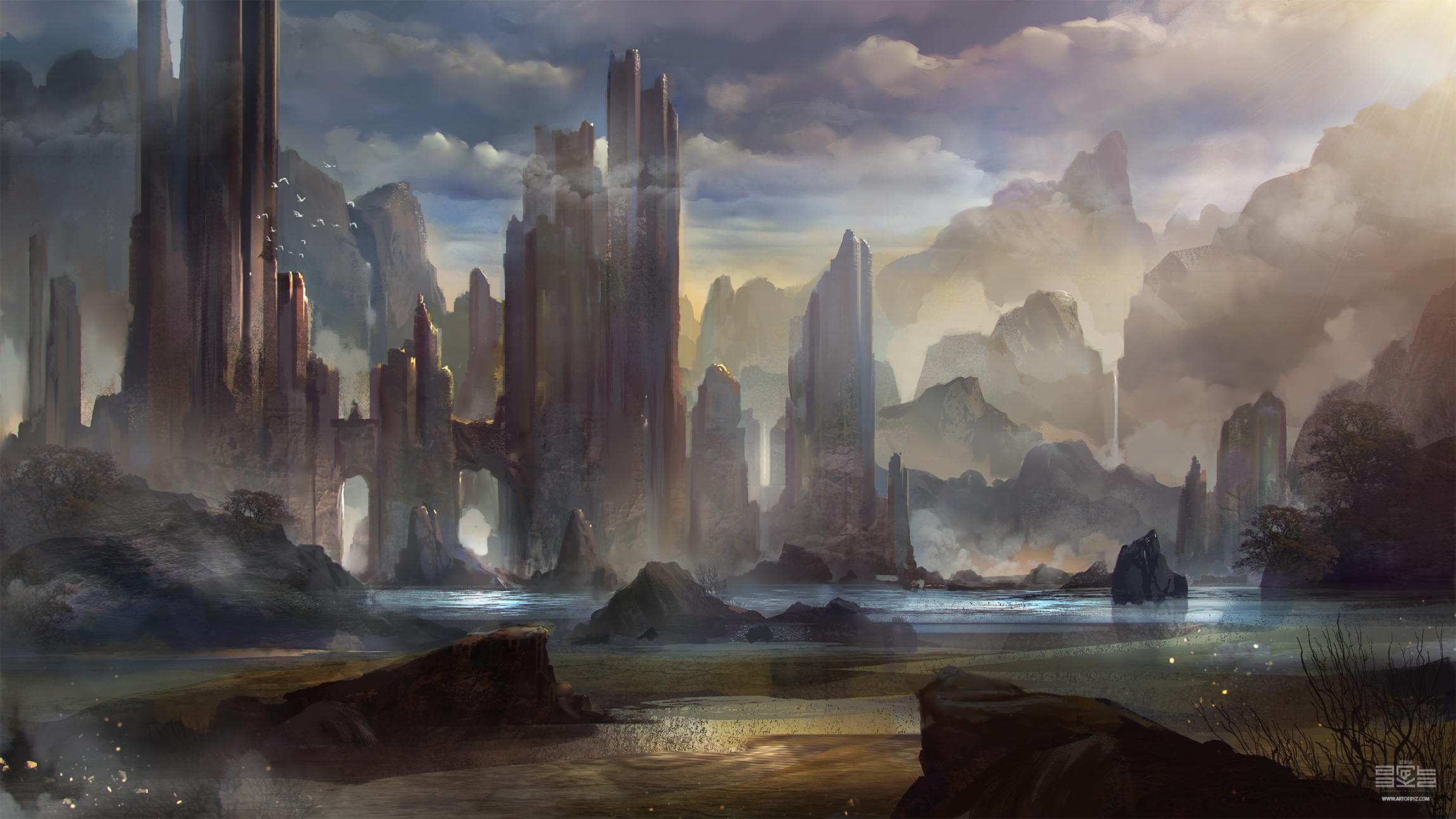 Fantasy landscape with ancient ruins and mountains HD Wallpaper