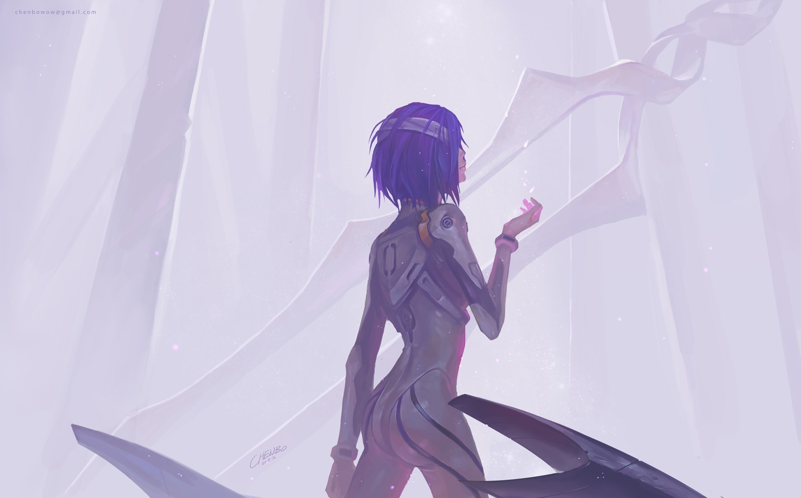 Rei Ayanami in a white bodysuit with purple hair HD Wallpaper