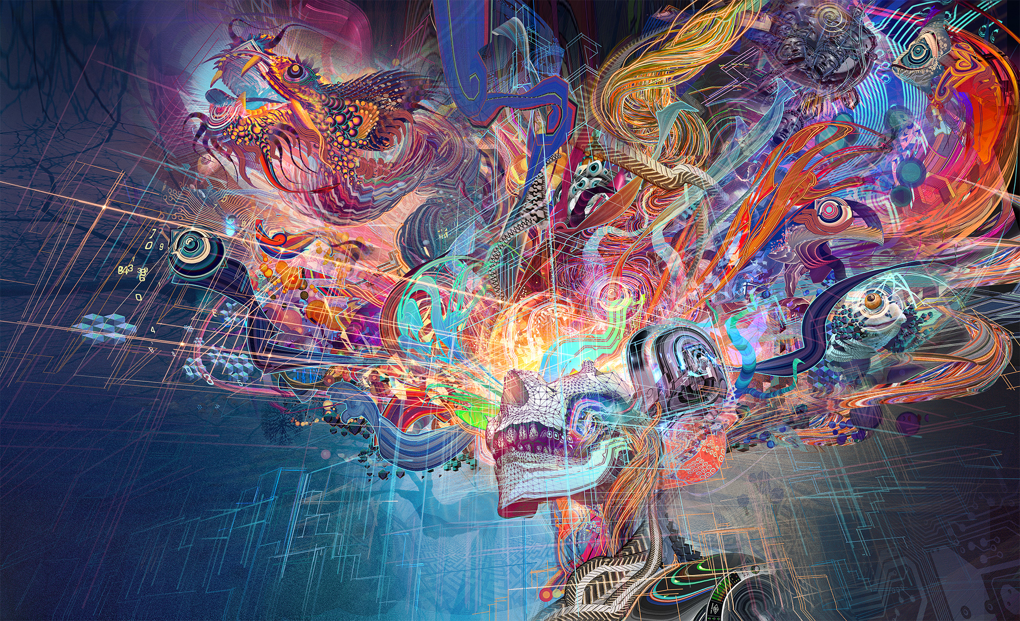 Abstract digital art with skull and creatures HD Wallpaper
