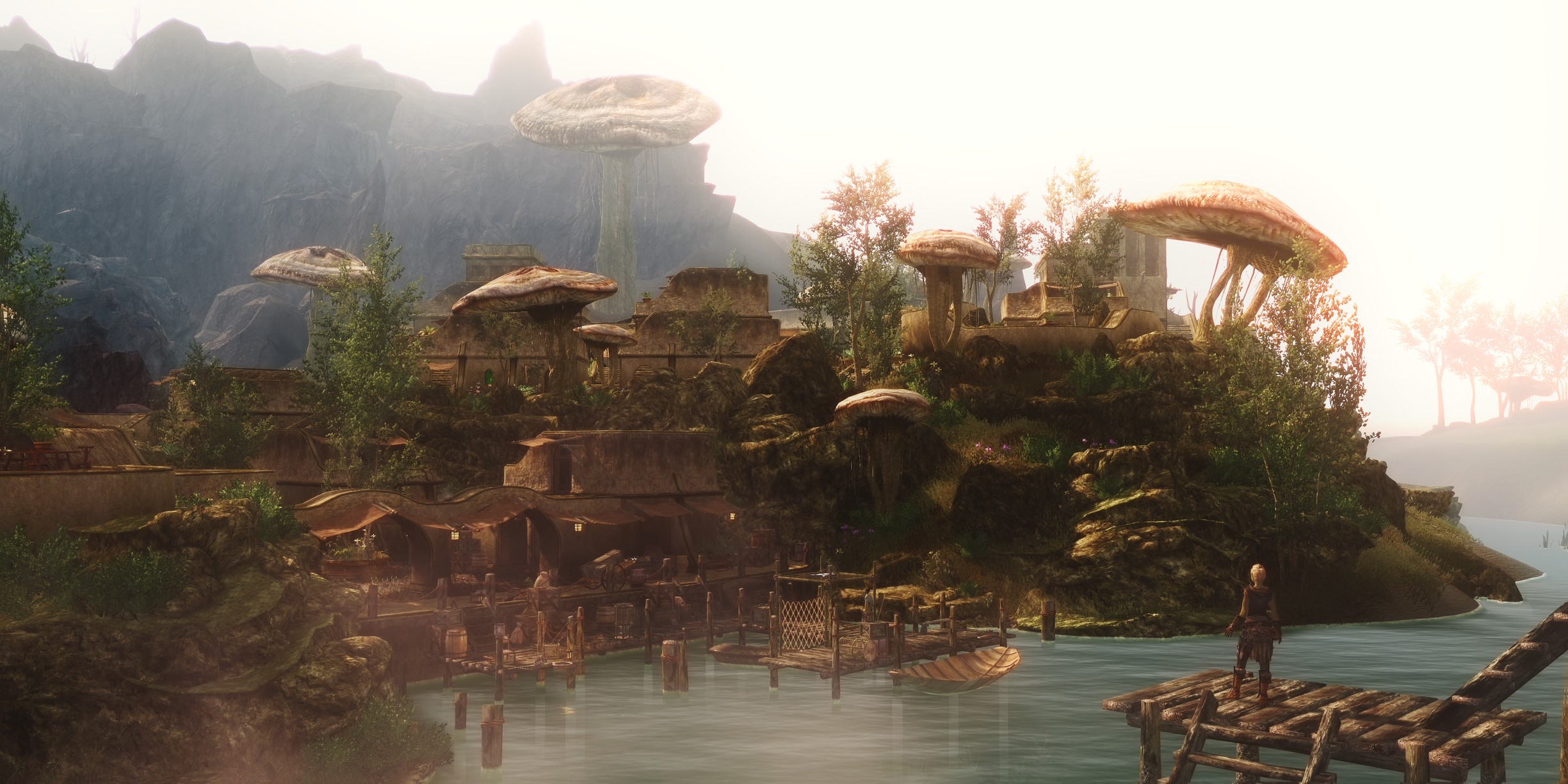 Morrowind-style village with giant mushrooms in Skyrim HD Wallpaper