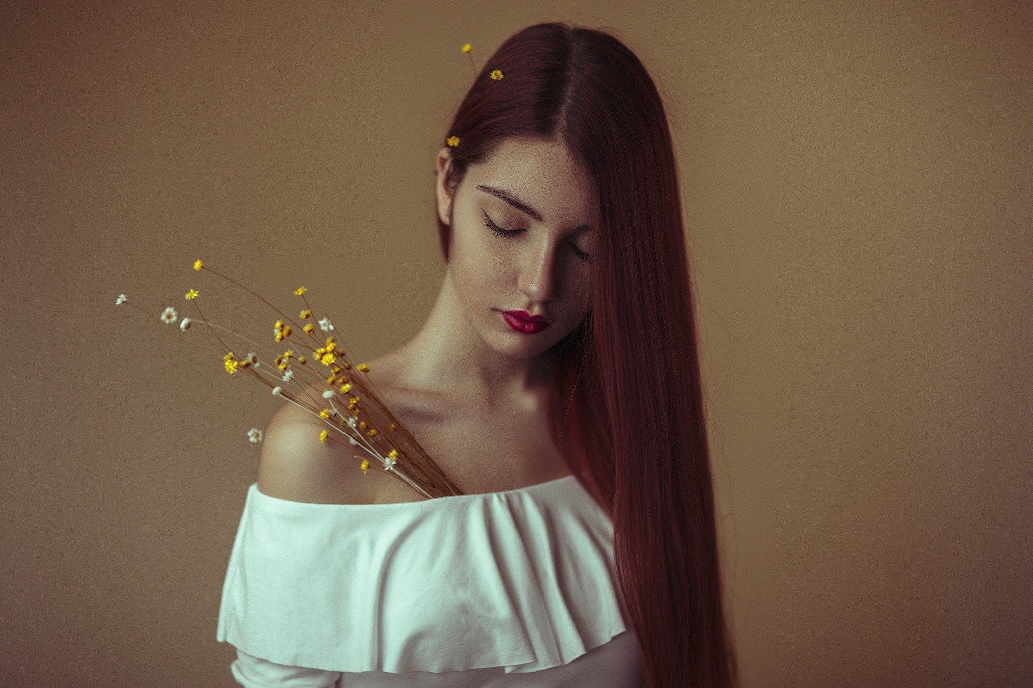 Woman with long red hair and flowers HD Wallpaper