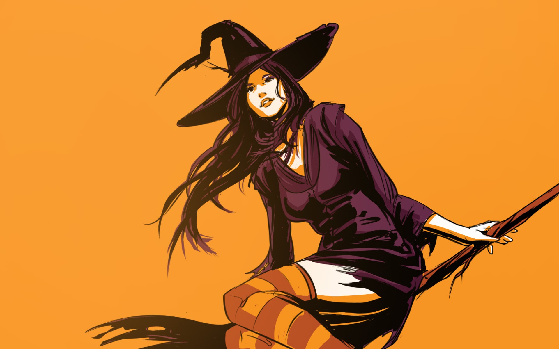 Witch flying on a broomstick on an orange background HD Wallpaper