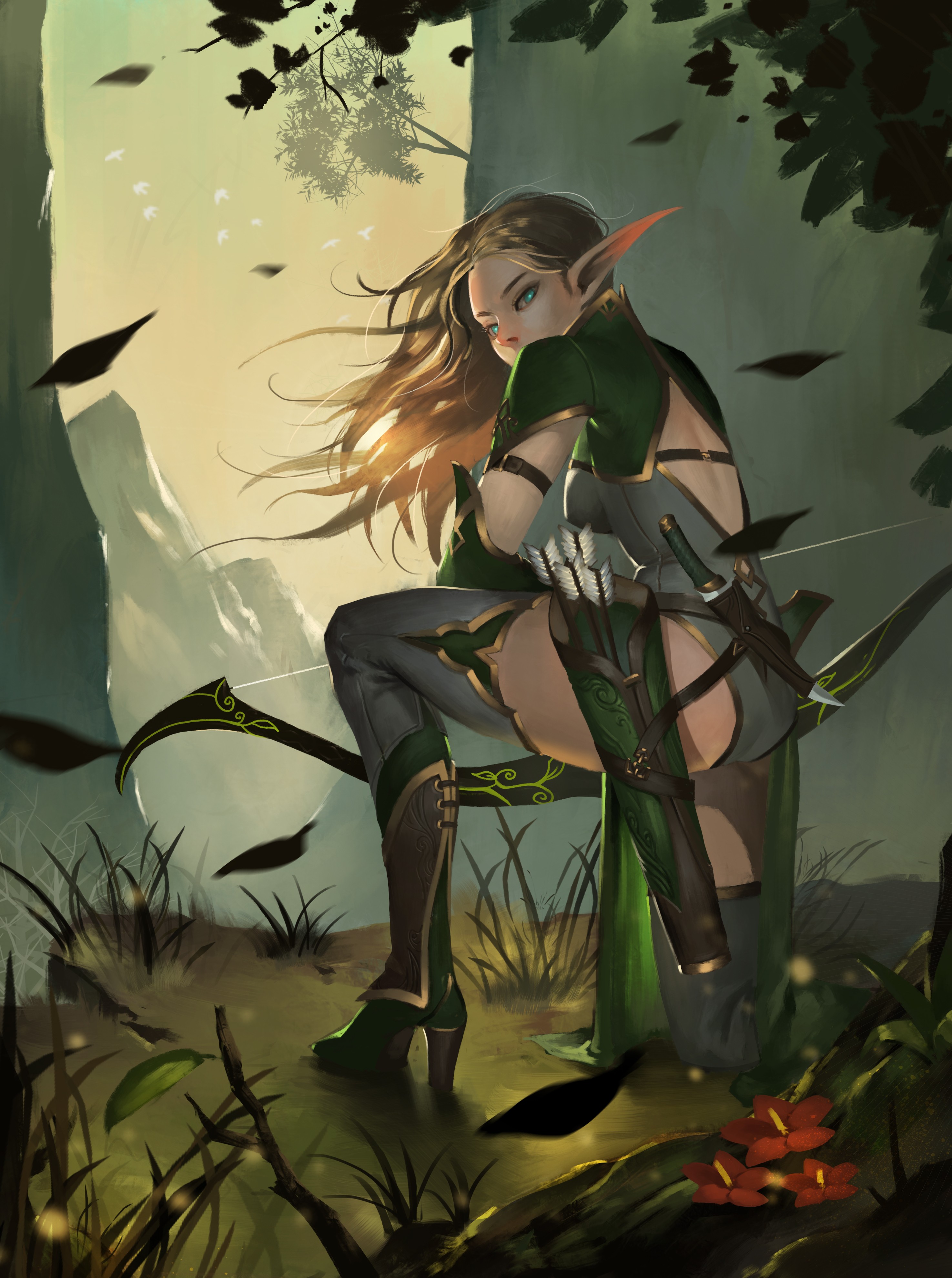 Elf archer with bow and arrows in forest HD Wallpaper