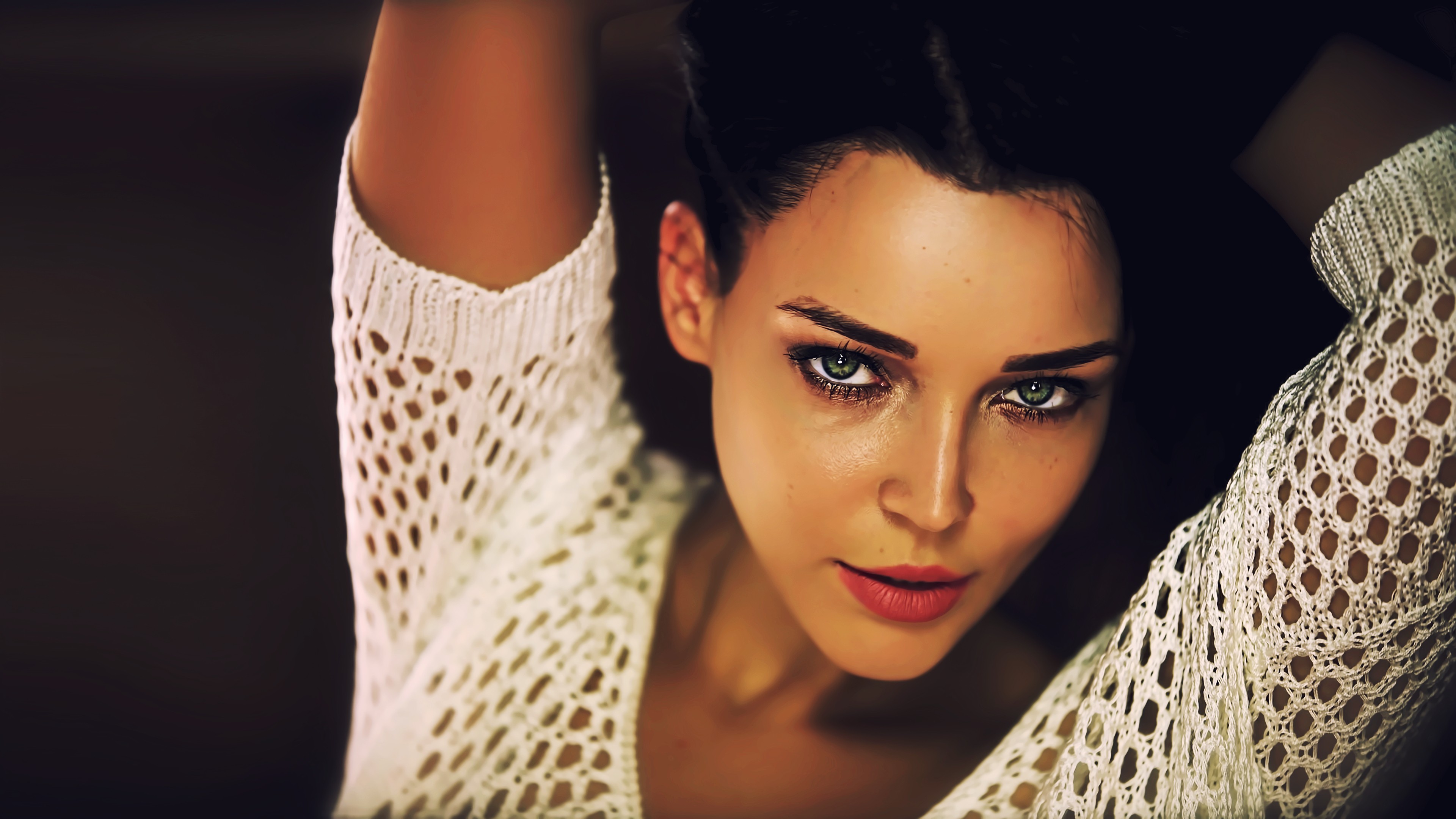 Angelina Petrova wearing a white knitted top HD Wallpaper