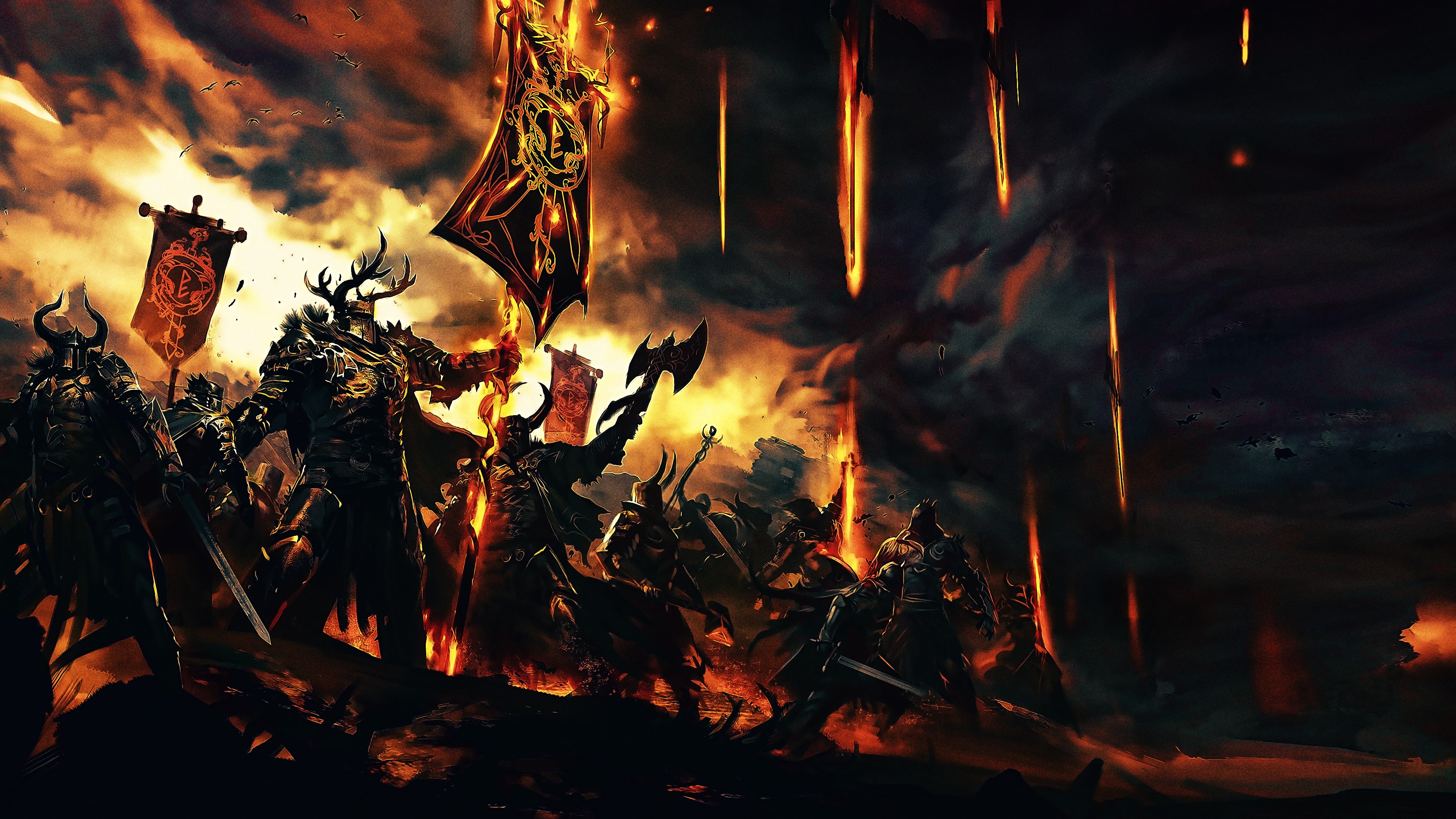 Fantasy warriors with banners in a fiery landscape HD Wallpaper