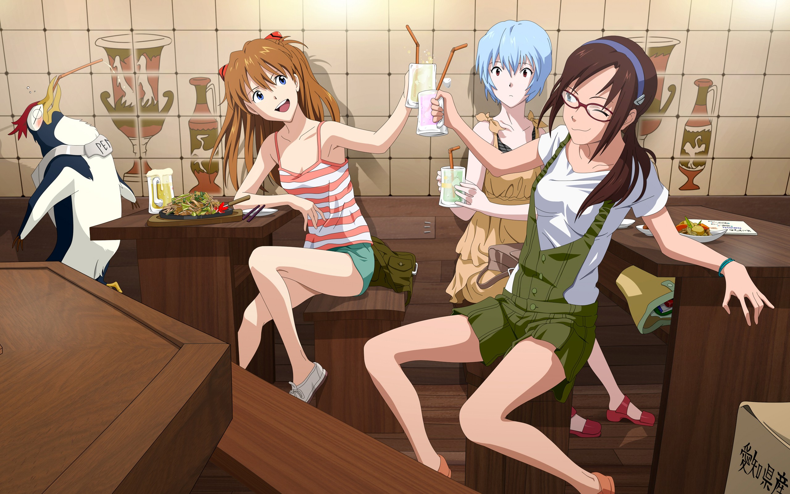 Asuka, Rei, and Mari drinking at a restaurant HD Wallpaper