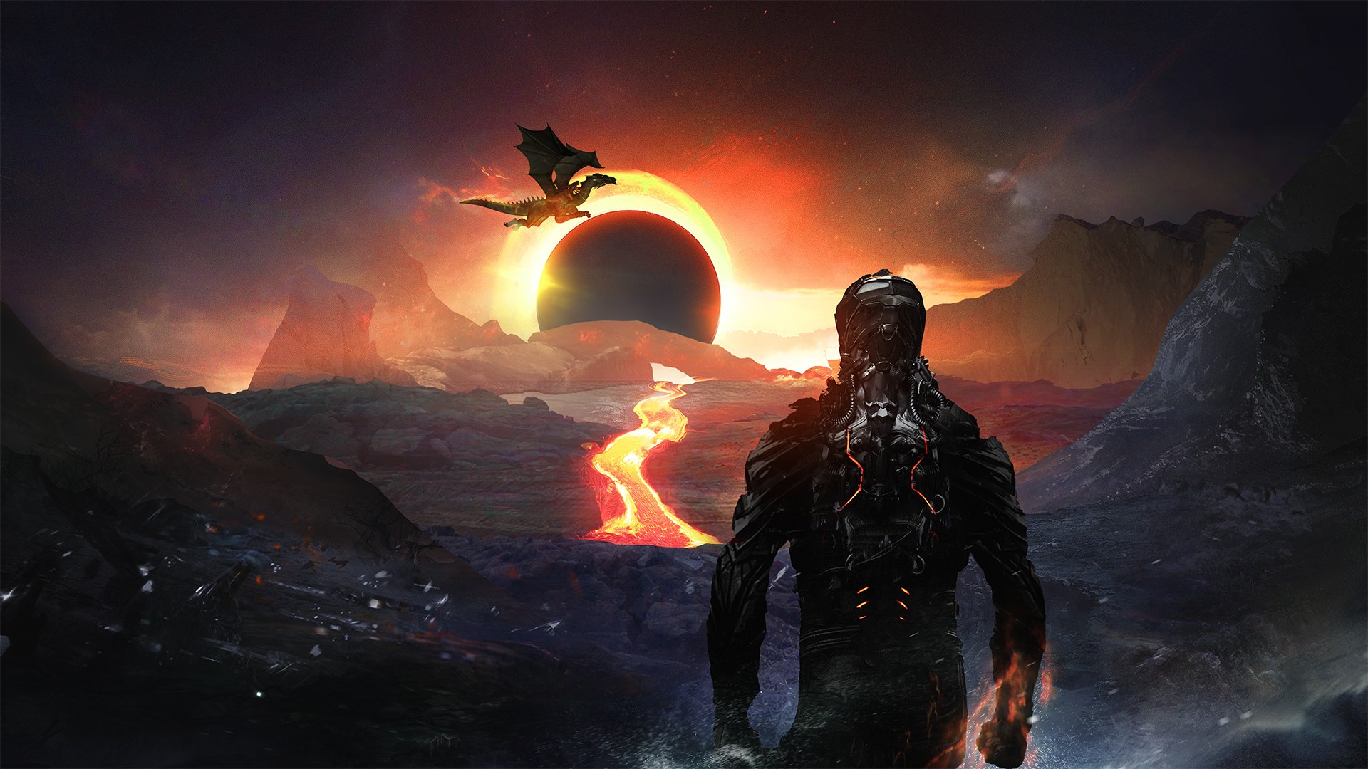 Dragon and armored figure near a solar eclipse and lava flow HD Wallpaper