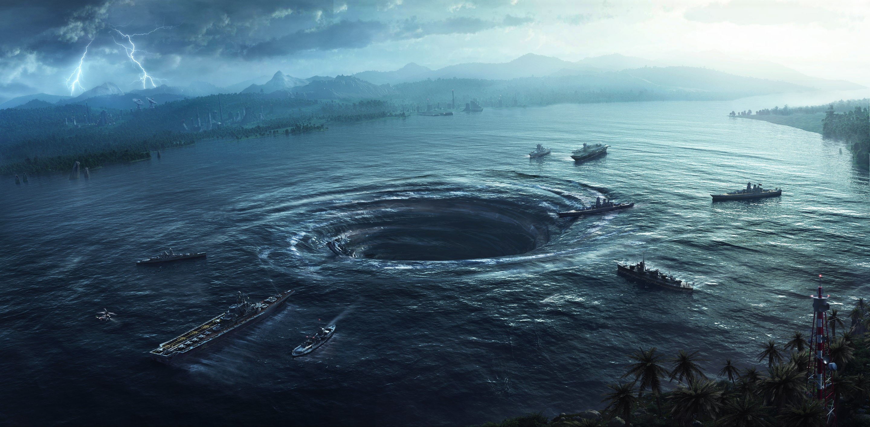 Ships near a giant whirlpool during a thunderstorm HD Wallpaper