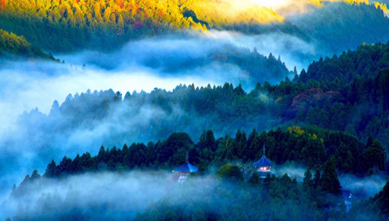 Misty mountains and pagodas in Japan at sunrise HD Wallpaper