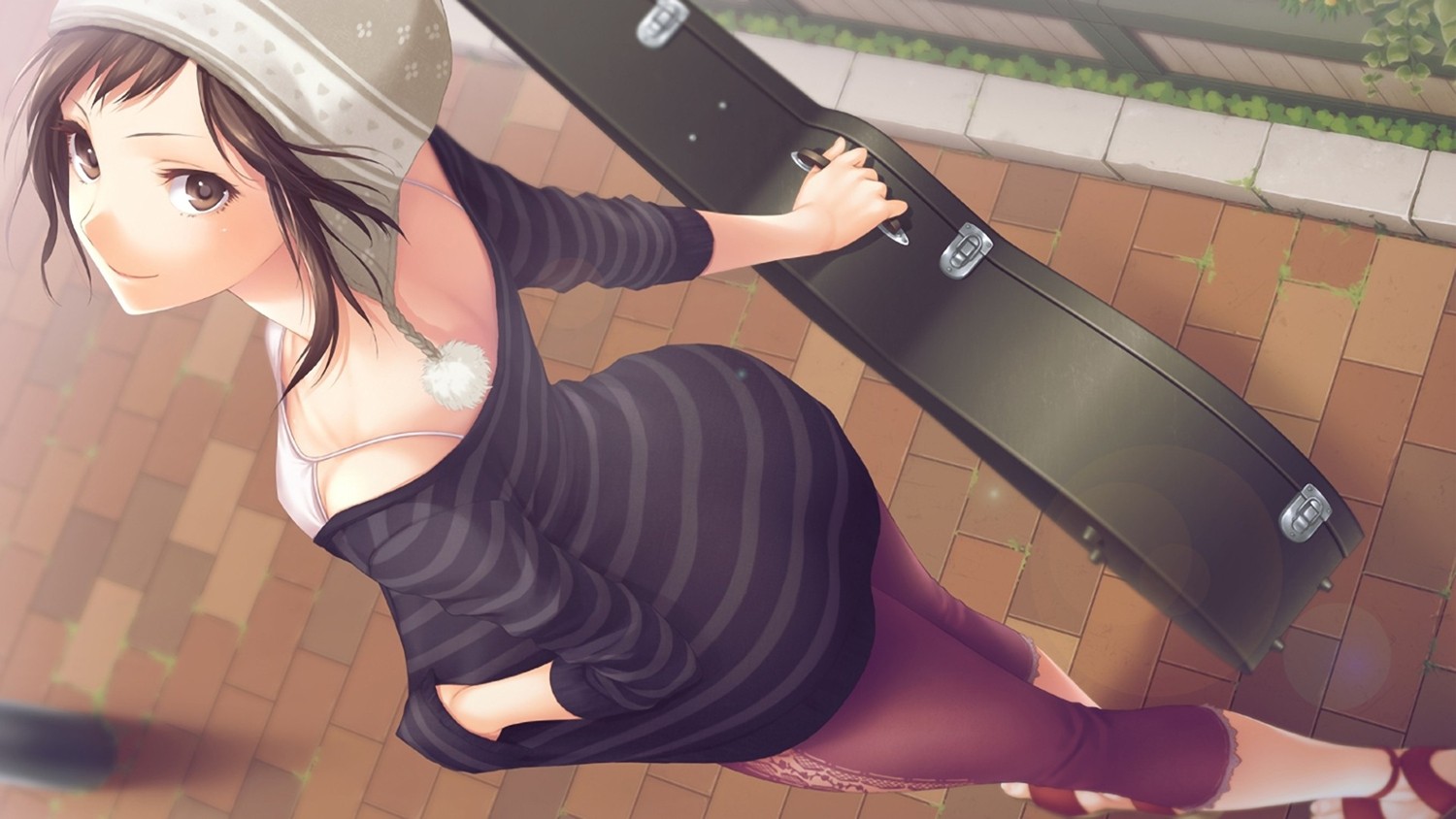 Anime girl with a violin case HD Wallpaper