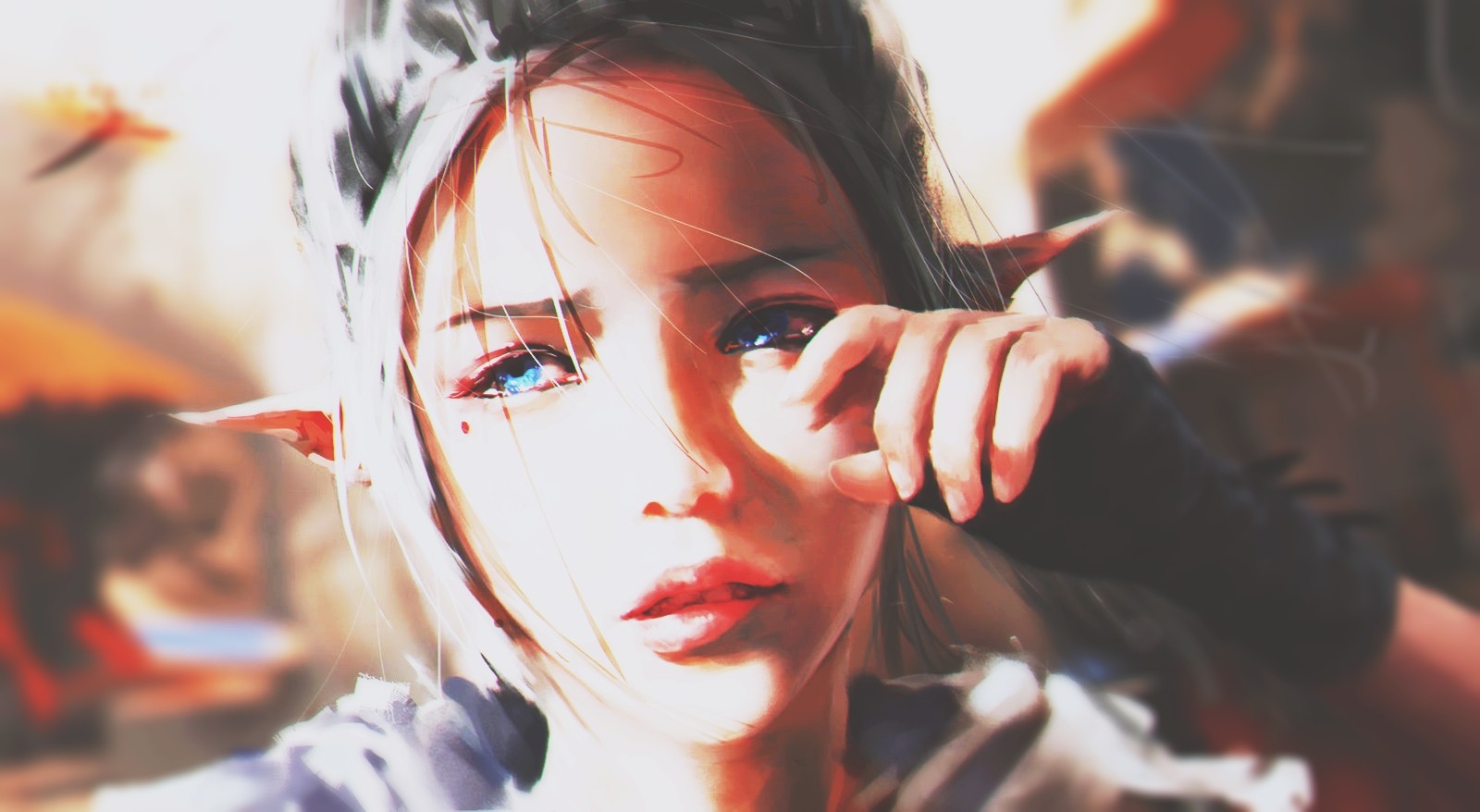 Artwork of a sad elf girl with blue eyes HD Wallpaper