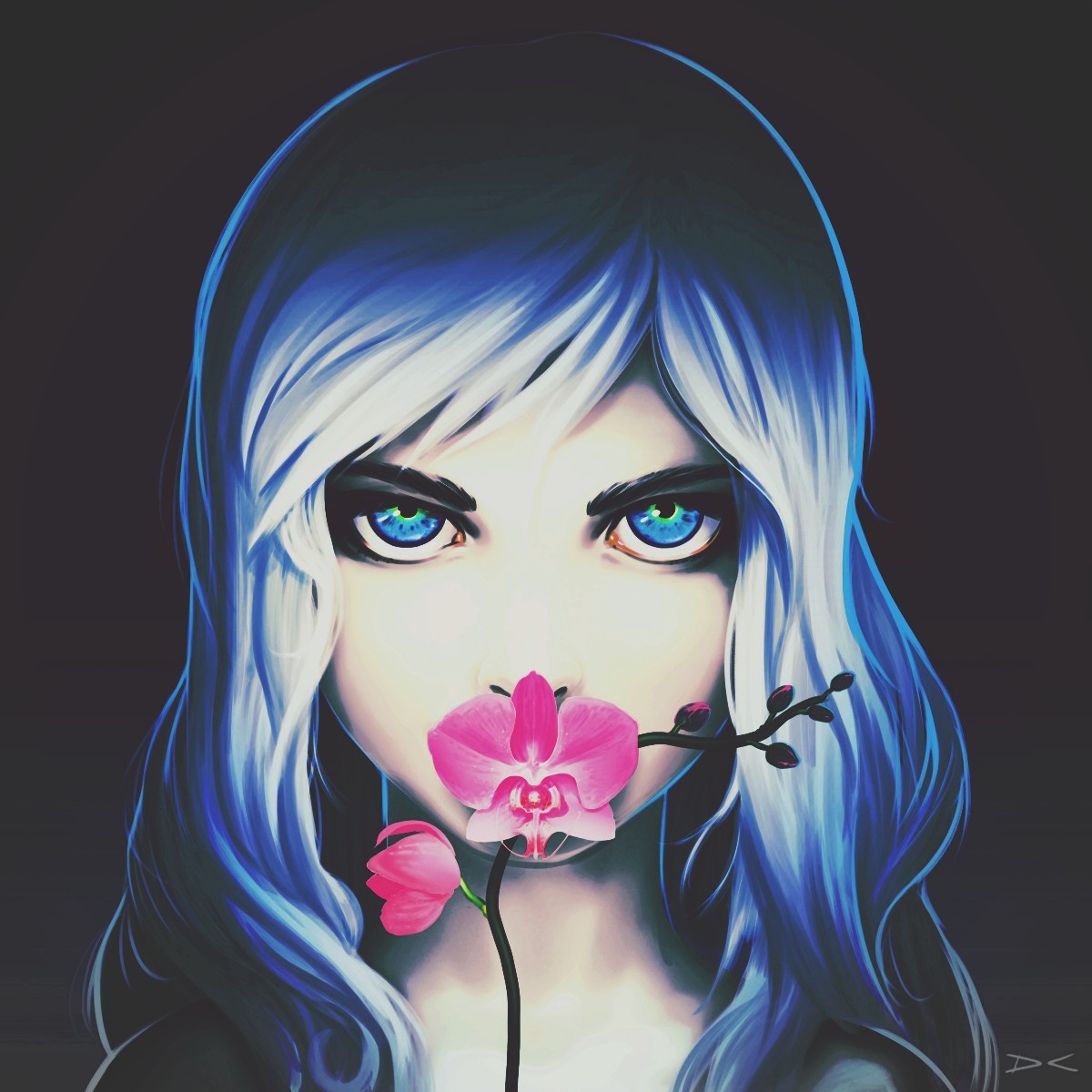 Anime girl with blue hair and pink orchid HD Wallpaper