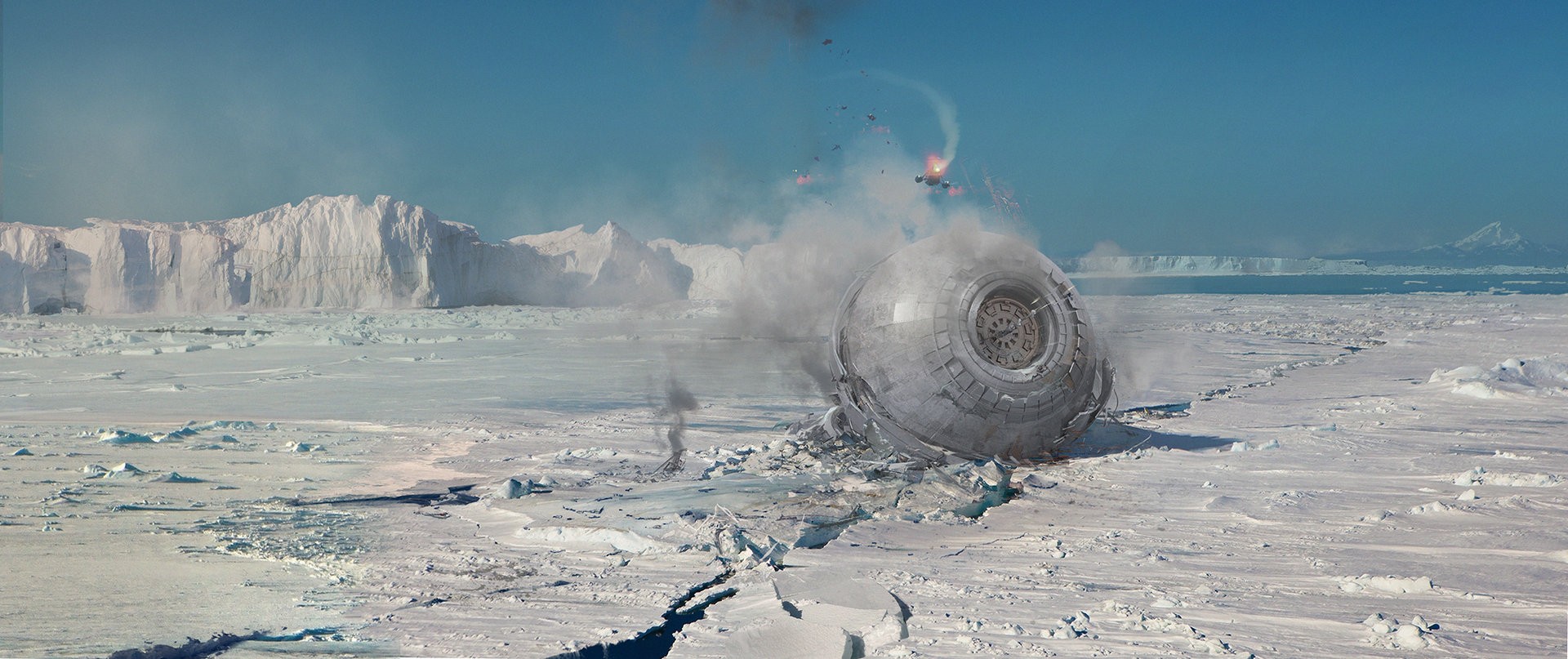 A crashed spherical spacecraft on an icy planet HD Wallpaper