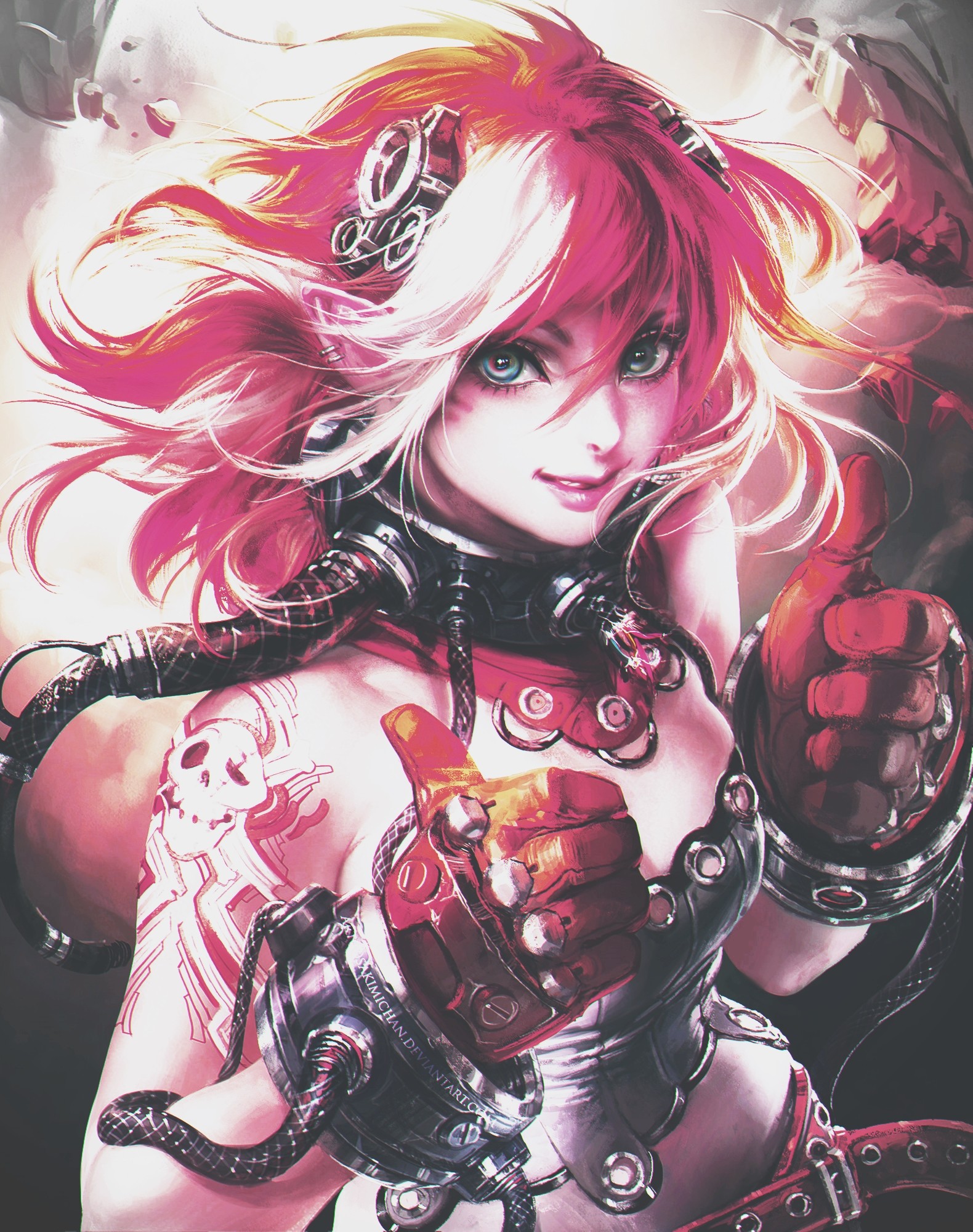 Anime girl with pink and white hair and cybernetic arm HD Wallpaper