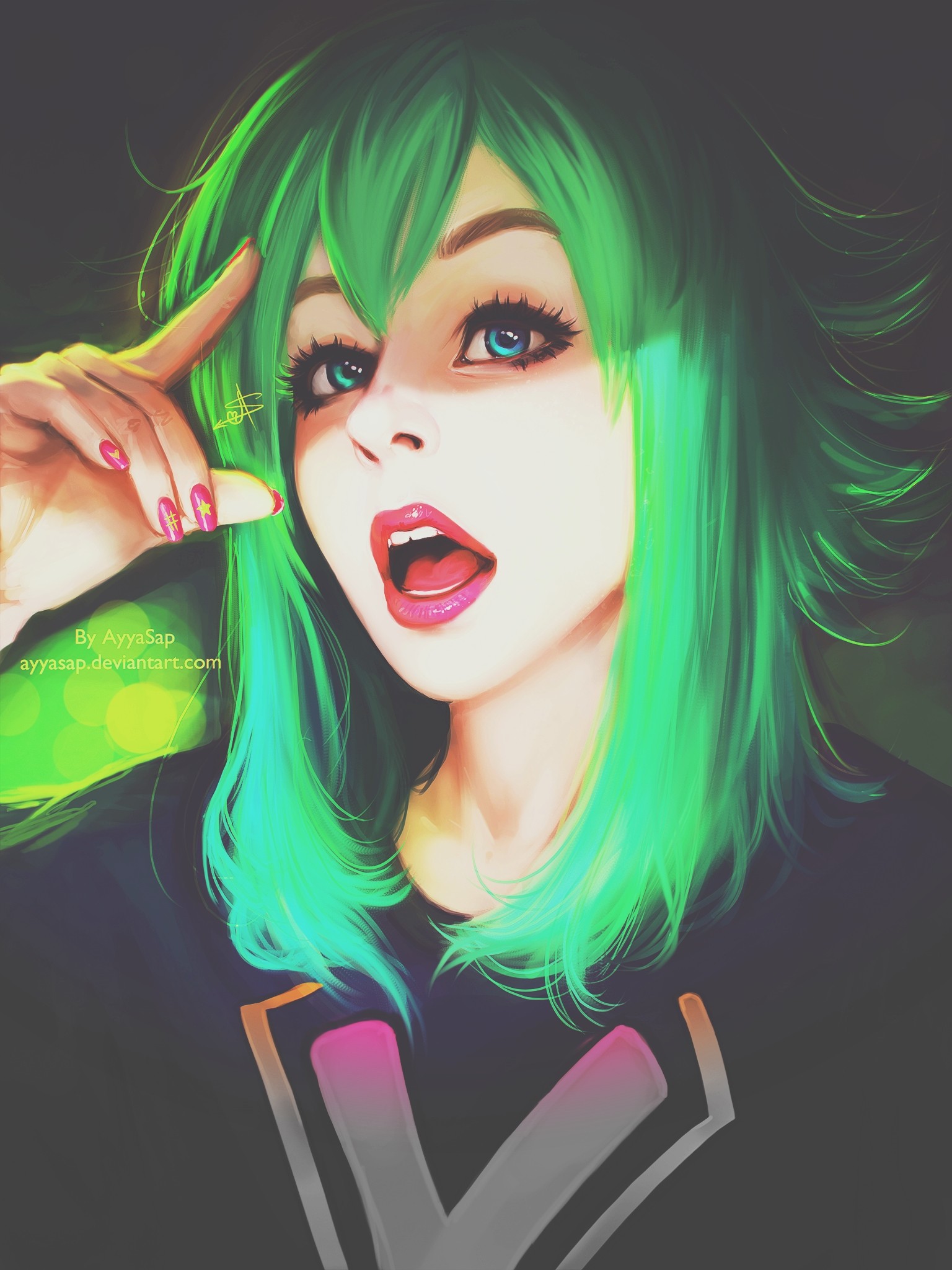 Artwork of a girl with green hair and blue eyes HD Wallpaper
