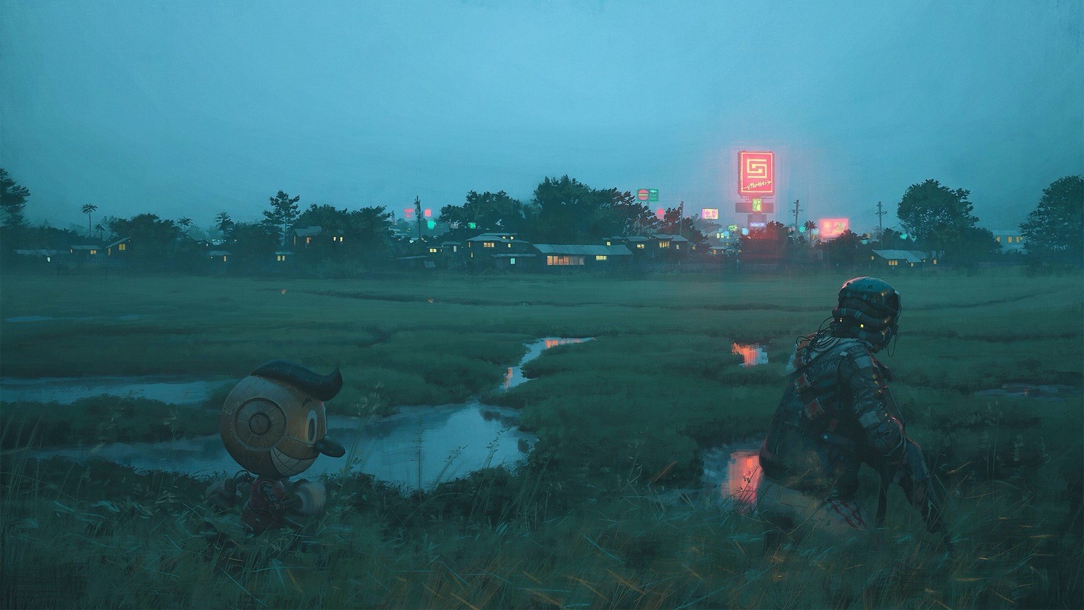 Simon Stålenhag's science fiction landscape with gamers HD Wallpaper