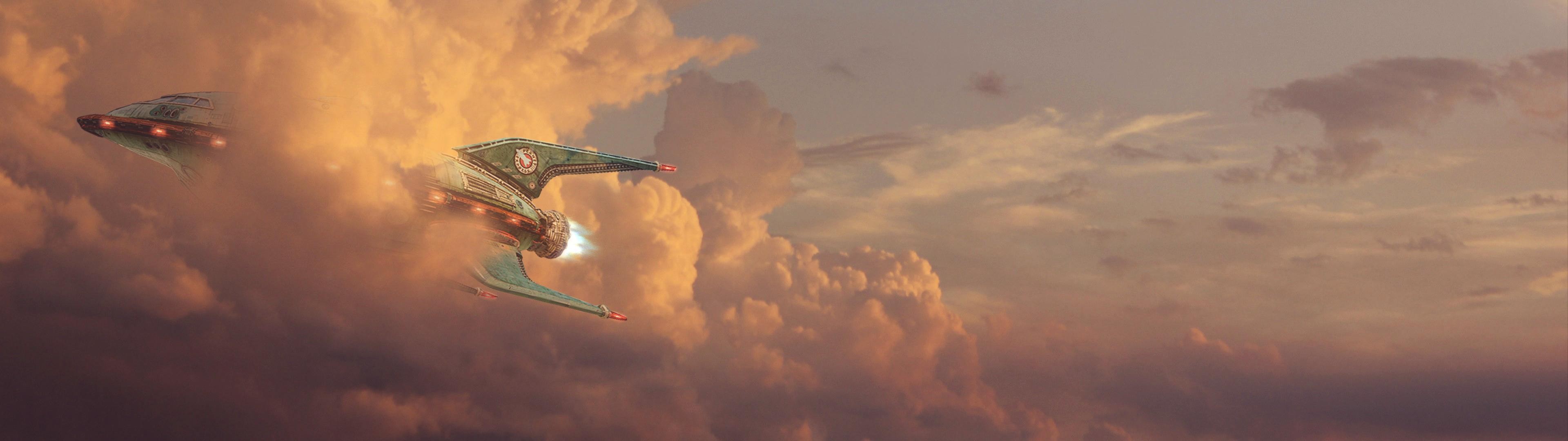 Futurama spaceships flying through clouds HD Wallpaper