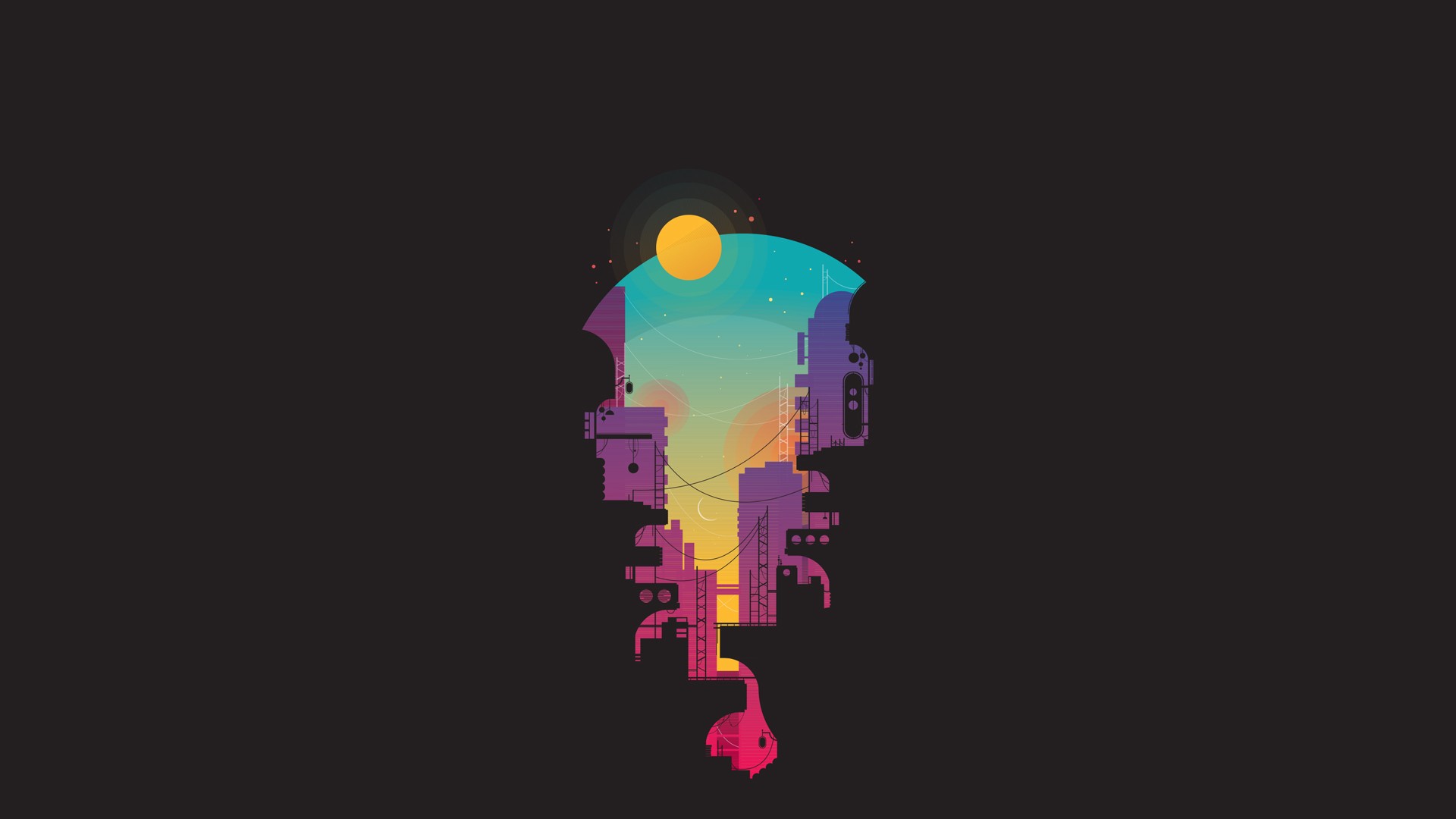 Minimalist cityscape with a colorful sky HD Wallpaper