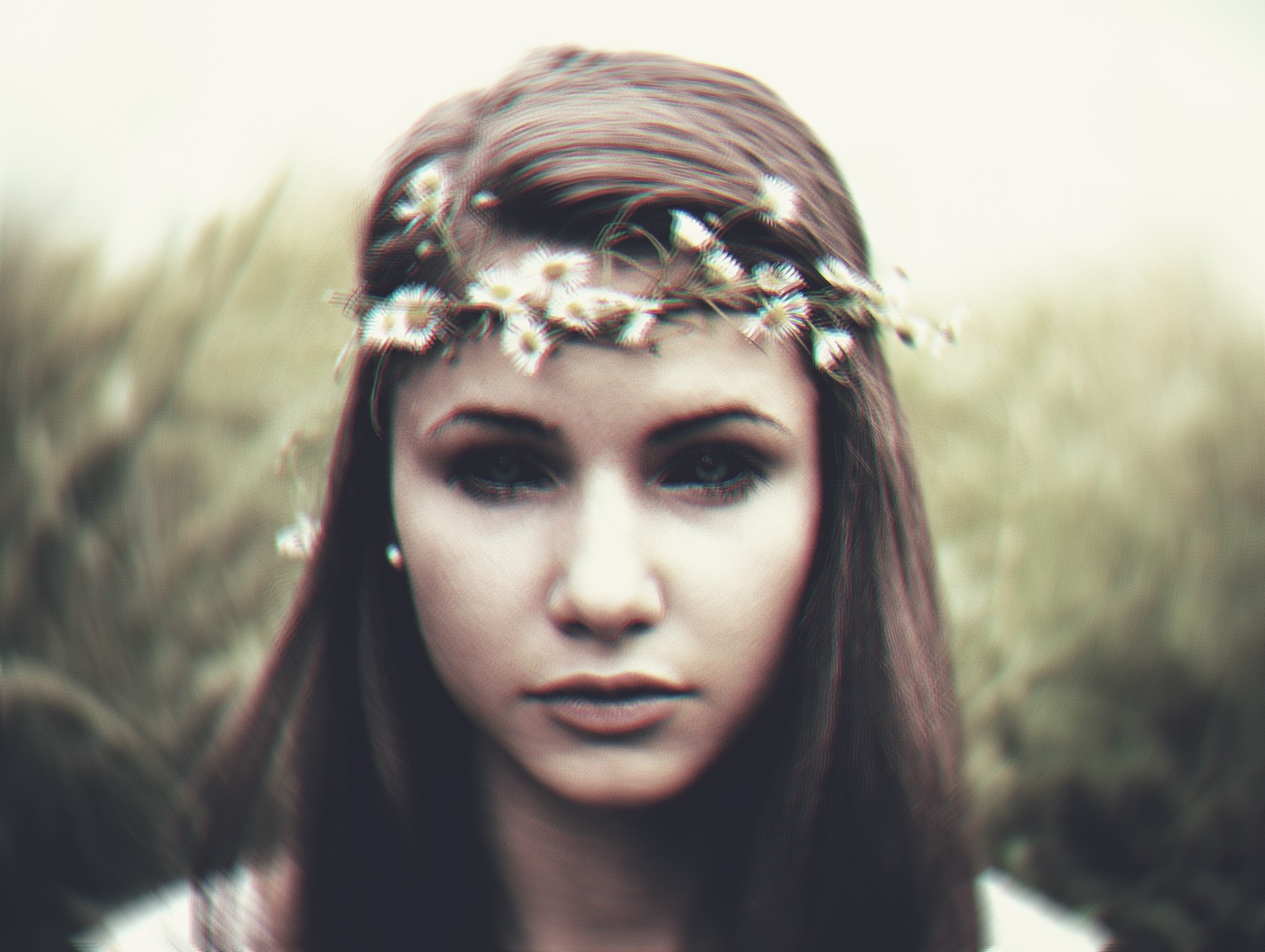 Woman with a flower crown in a field HD Wallpaper