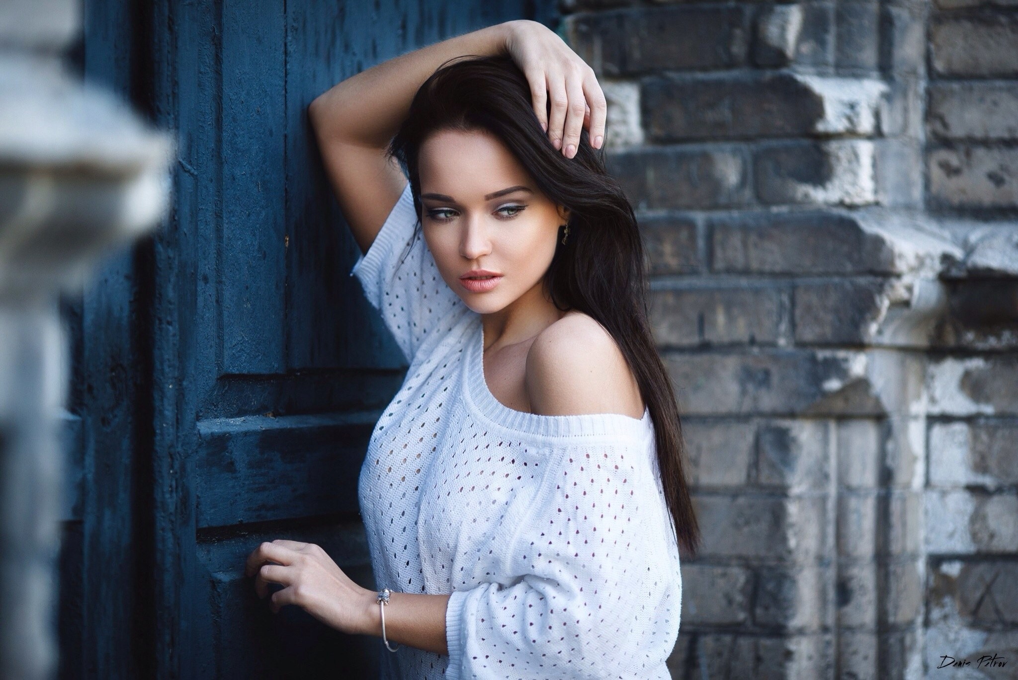 Angelina Petrova in white clothing by a door HD Wallpaper