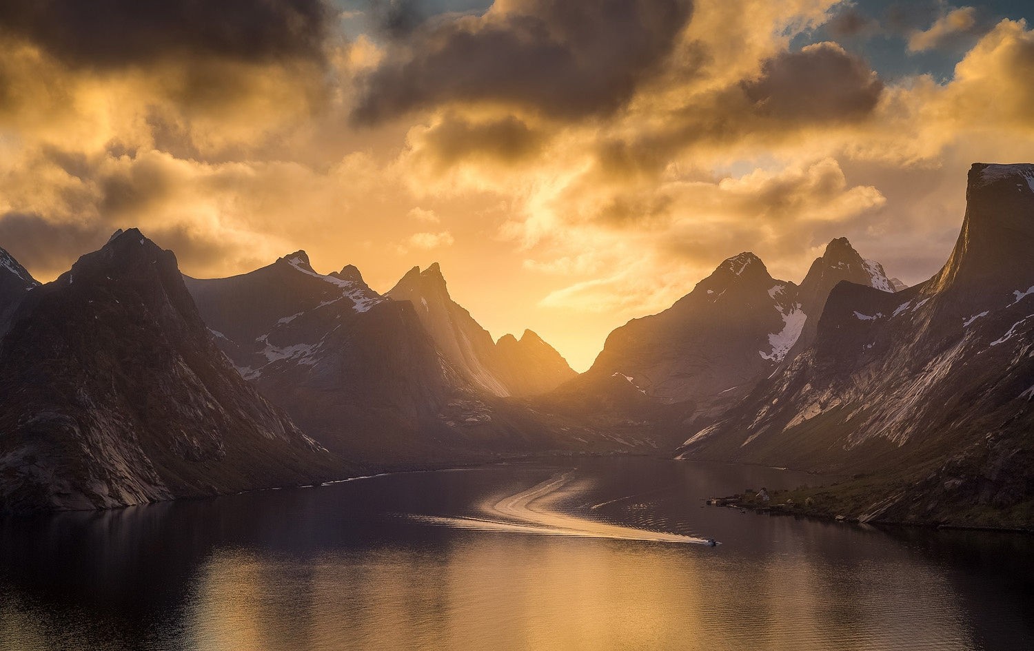 Sunset over a Fjord in Norway with Mountains and a Boat HD Wallpaper
