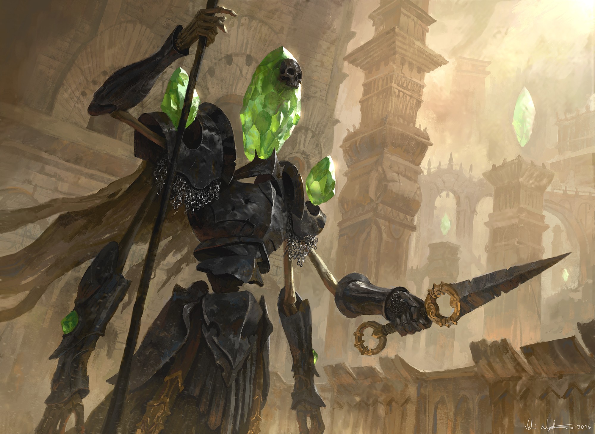 Skeleton knight with green crystals in ancient ruins HD Wallpaper