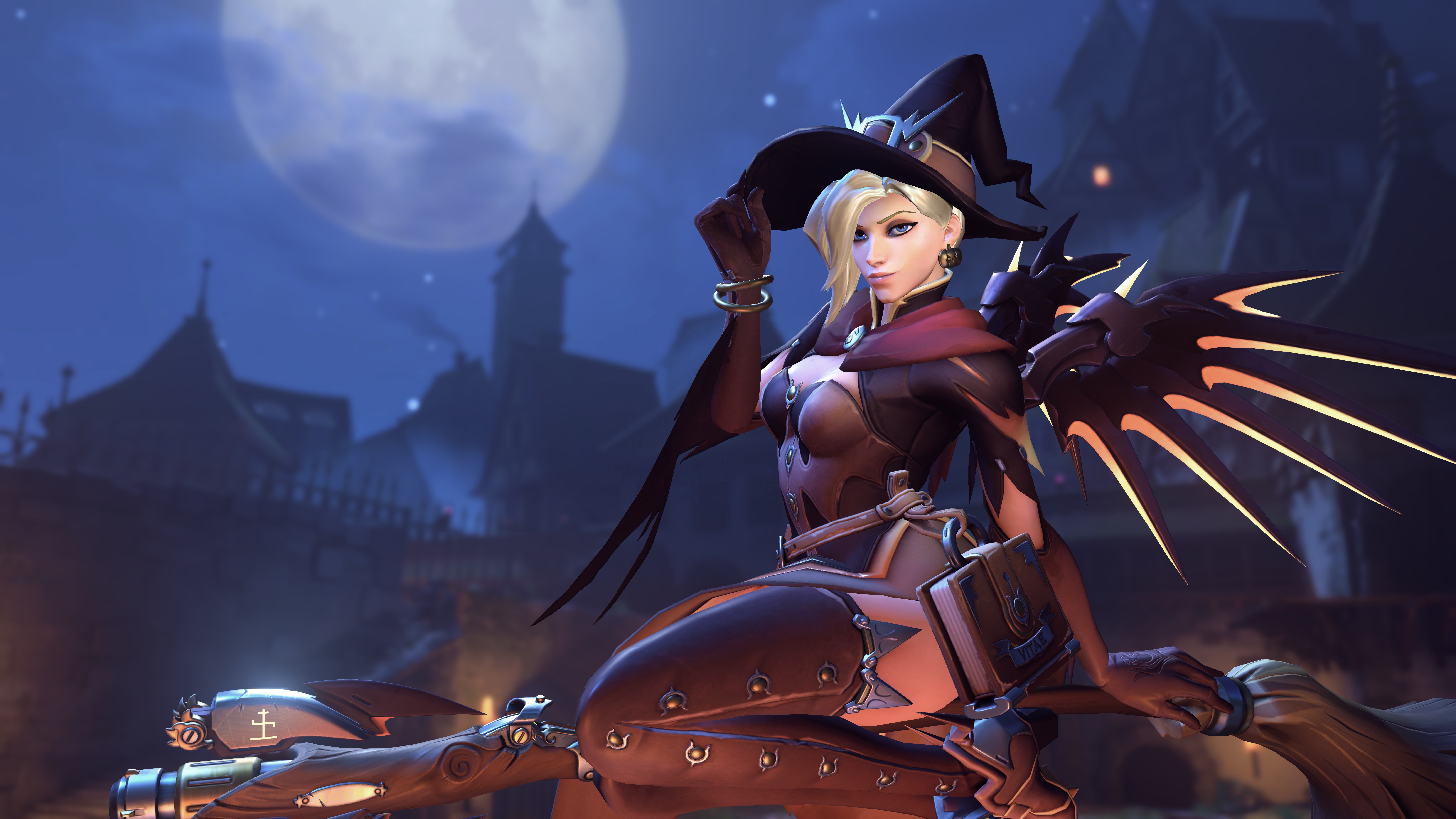 Witch Mercy from Overwatch on a broomstick HD Wallpaper