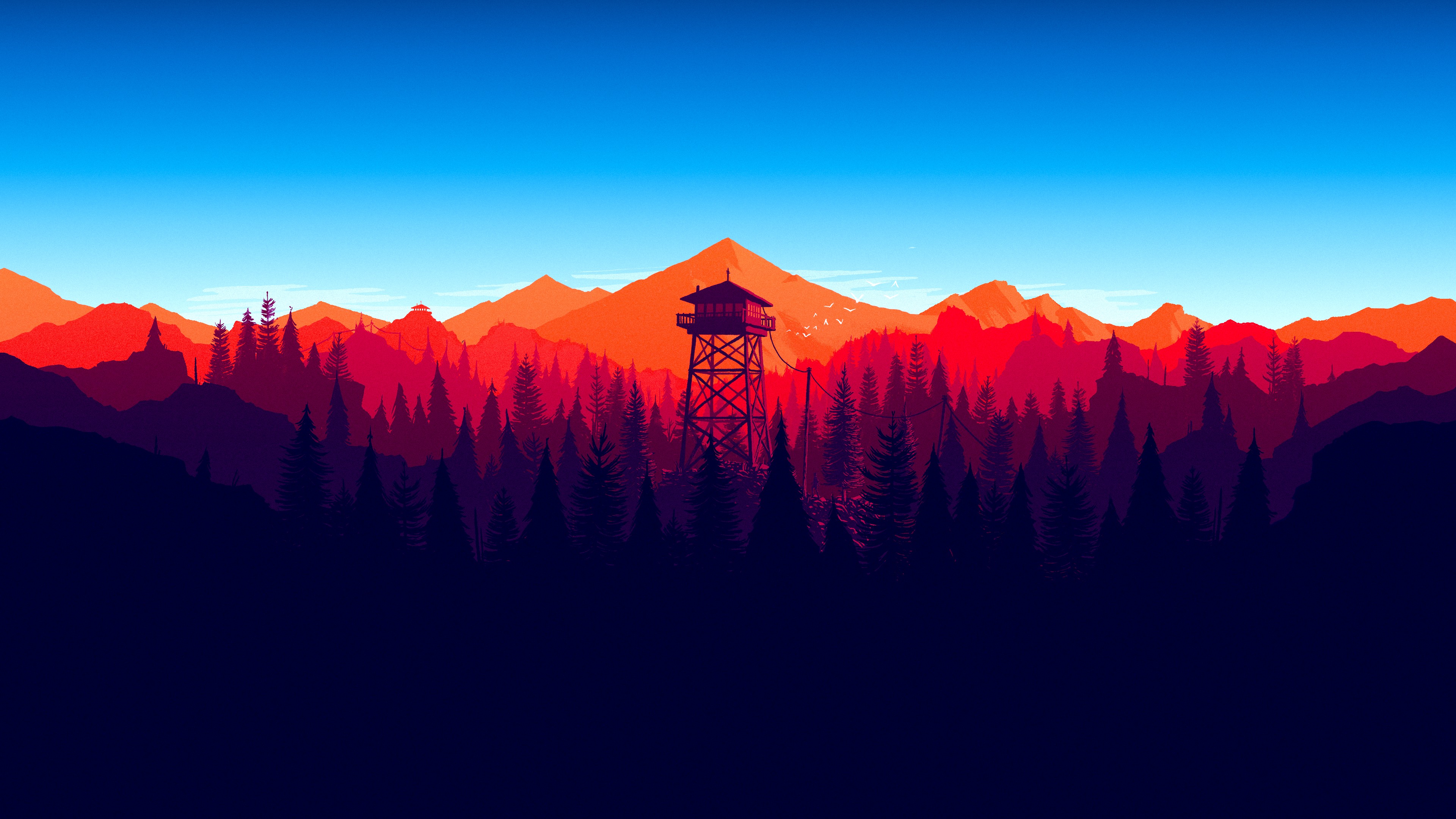 Firewatch tower in a minimalist mountain forest landscape HD Wallpaper