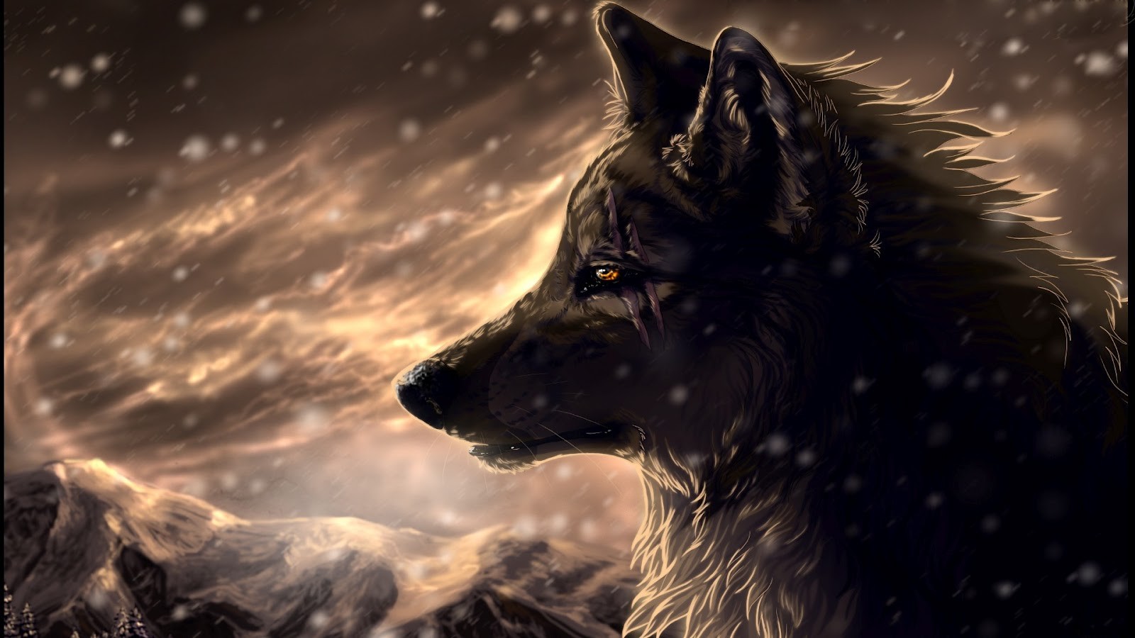 Digital art of a scarred wolf in a snowy landscape HD Wallpaper