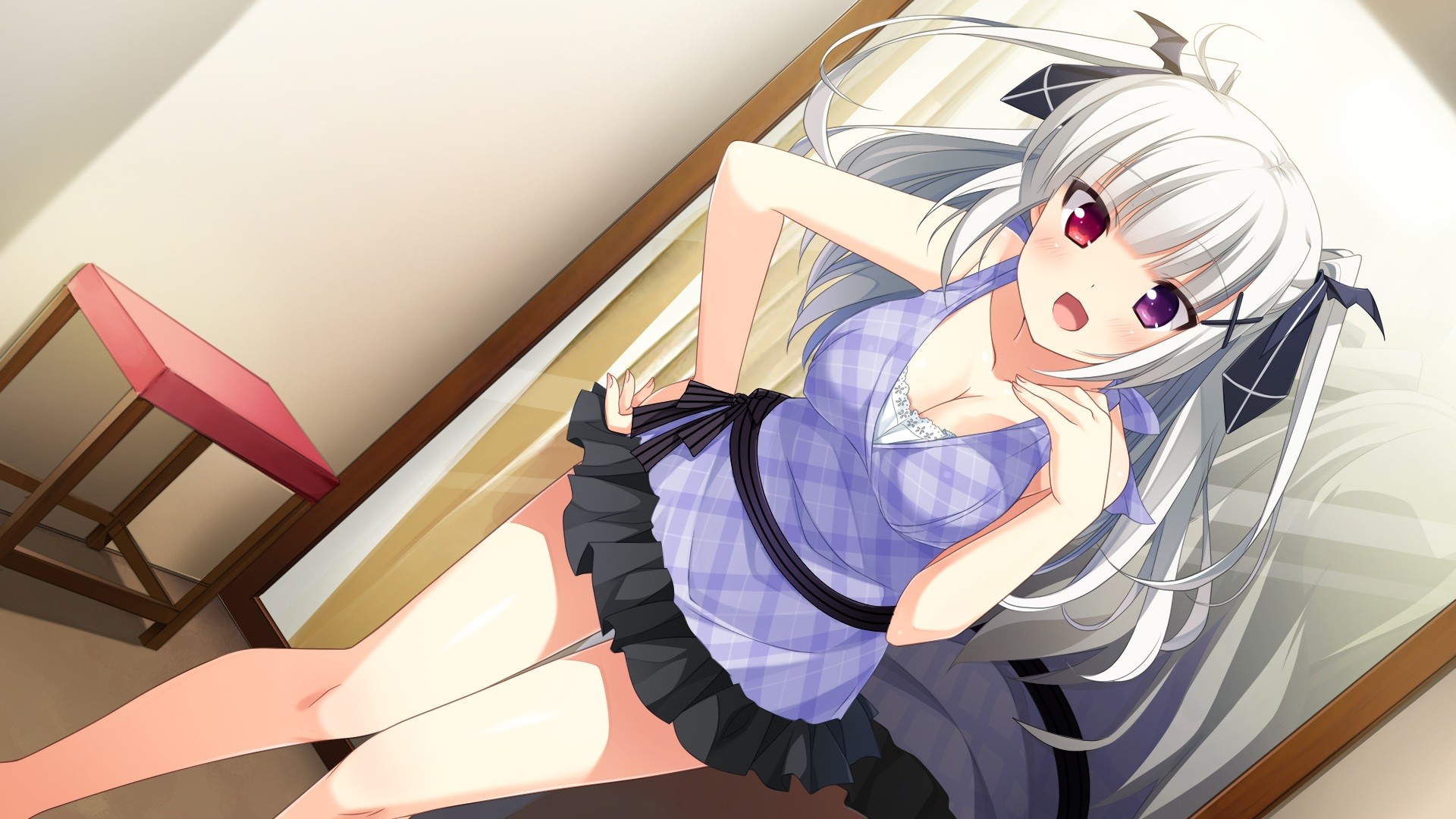 Anime girl with white hair lying on a bed HD Wallpaper