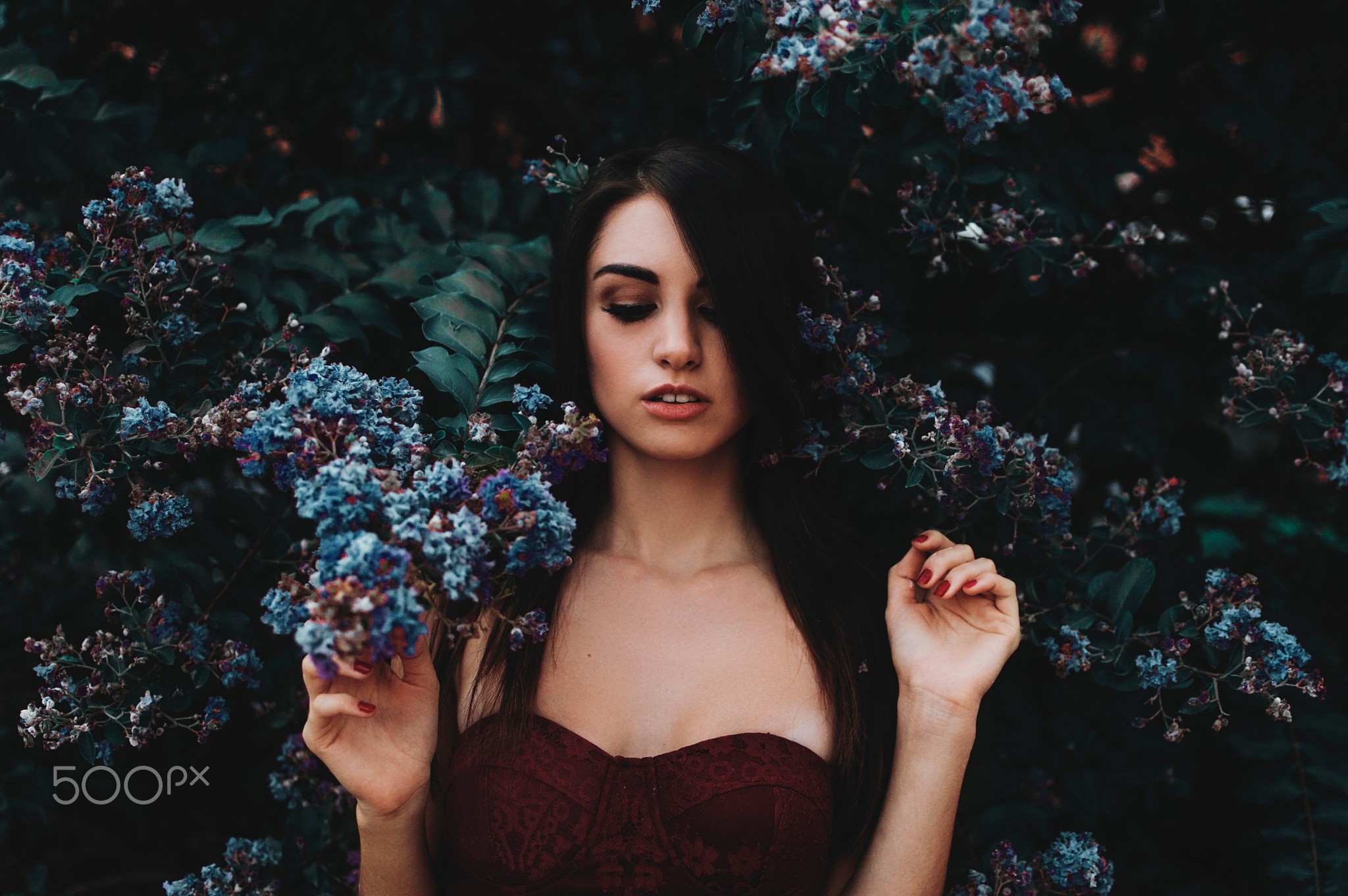 Woman with black hair and red nails among blue flowers HD Wallpaper