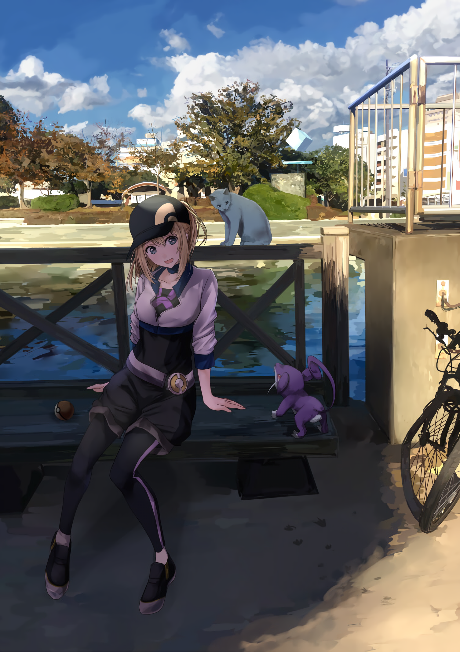 Anime girl with Pokémon by the water HD Wallpaper