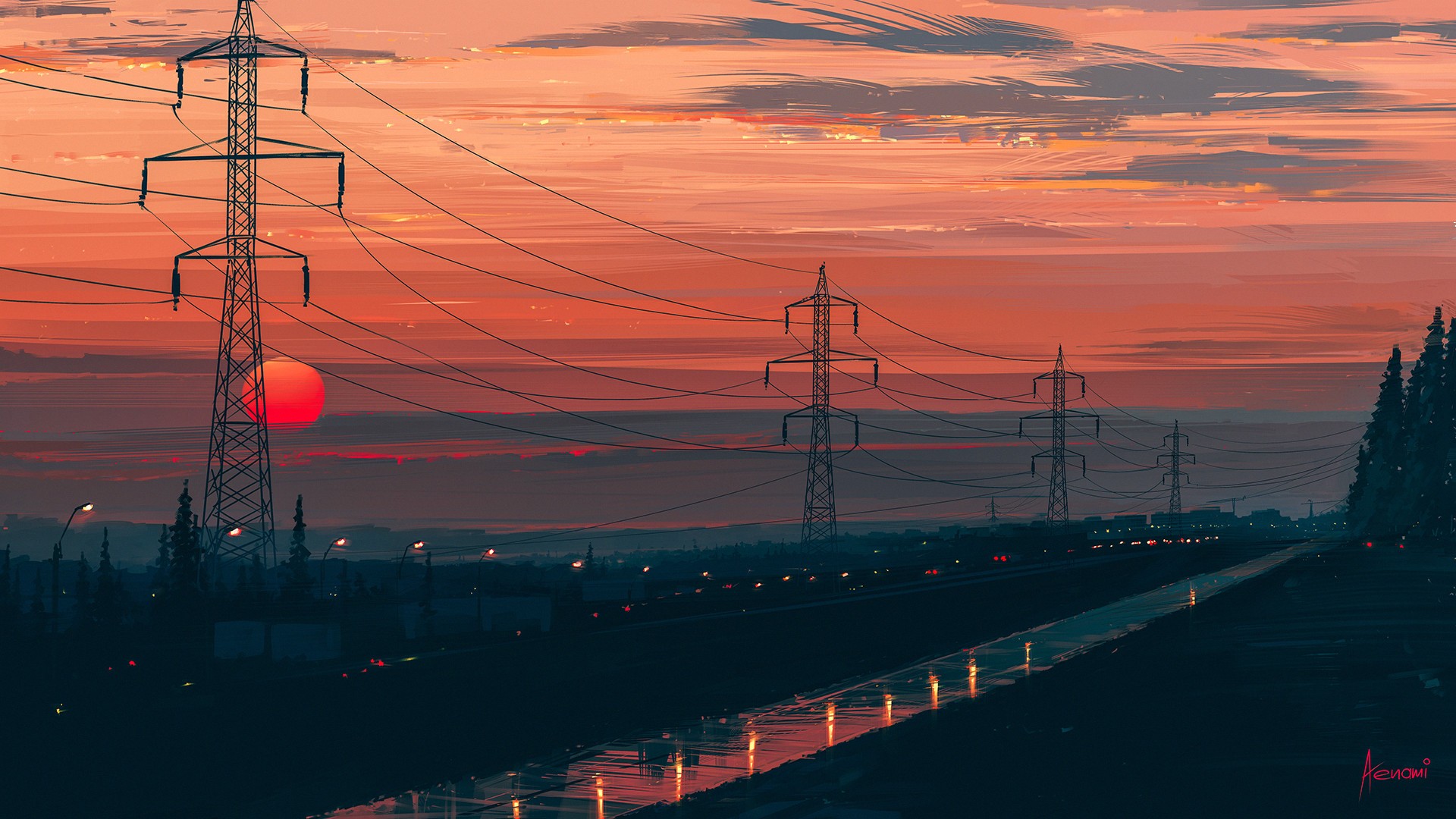 Artwork by Aenami of a sunset over power lines HD Wallpaper