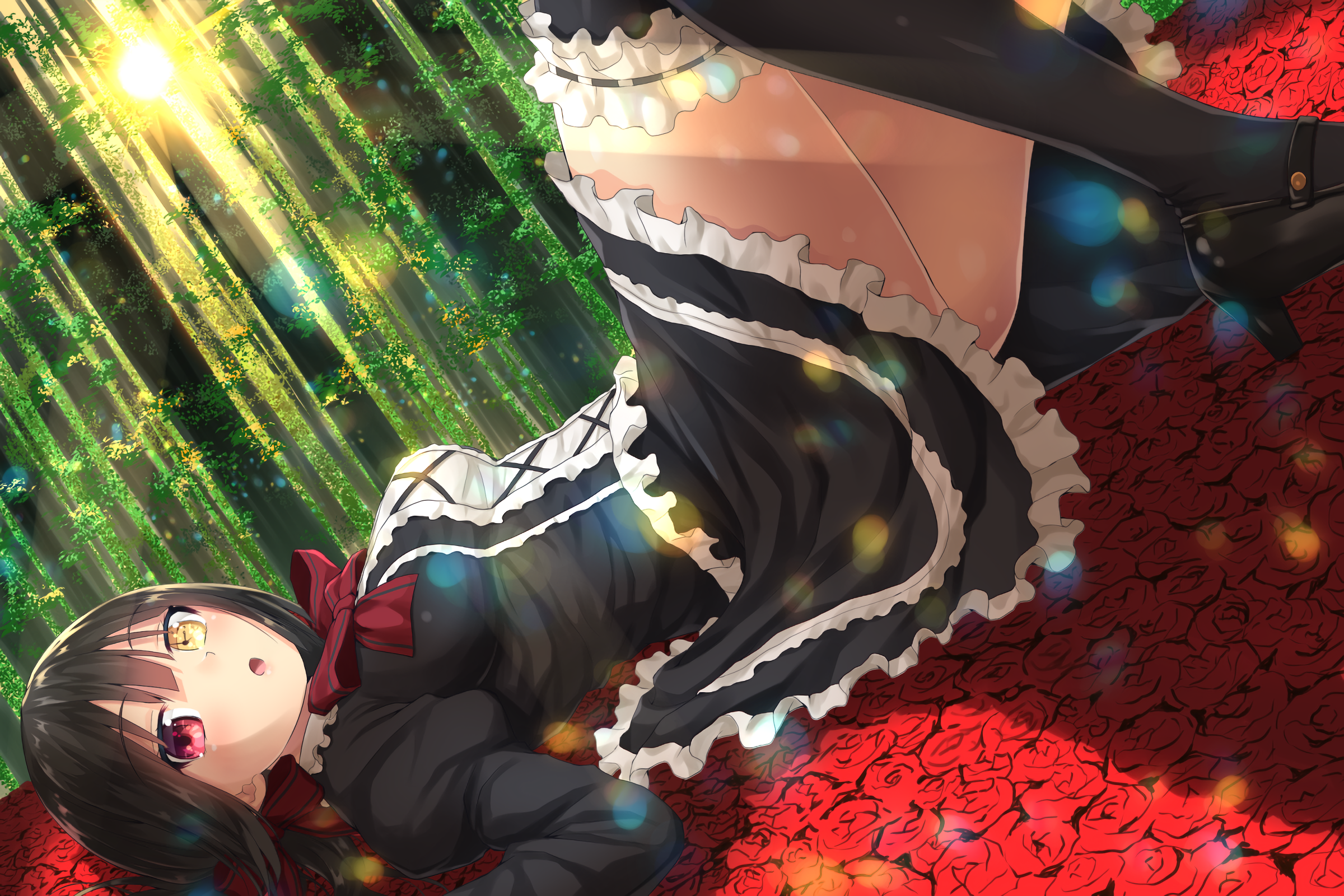anime, flowers, trees, maid, long hair, rose, Tokisaki Kurumi, thigh-highs, stockings, forest, anime girls, black hair, Date A Live HD Wallpaper
