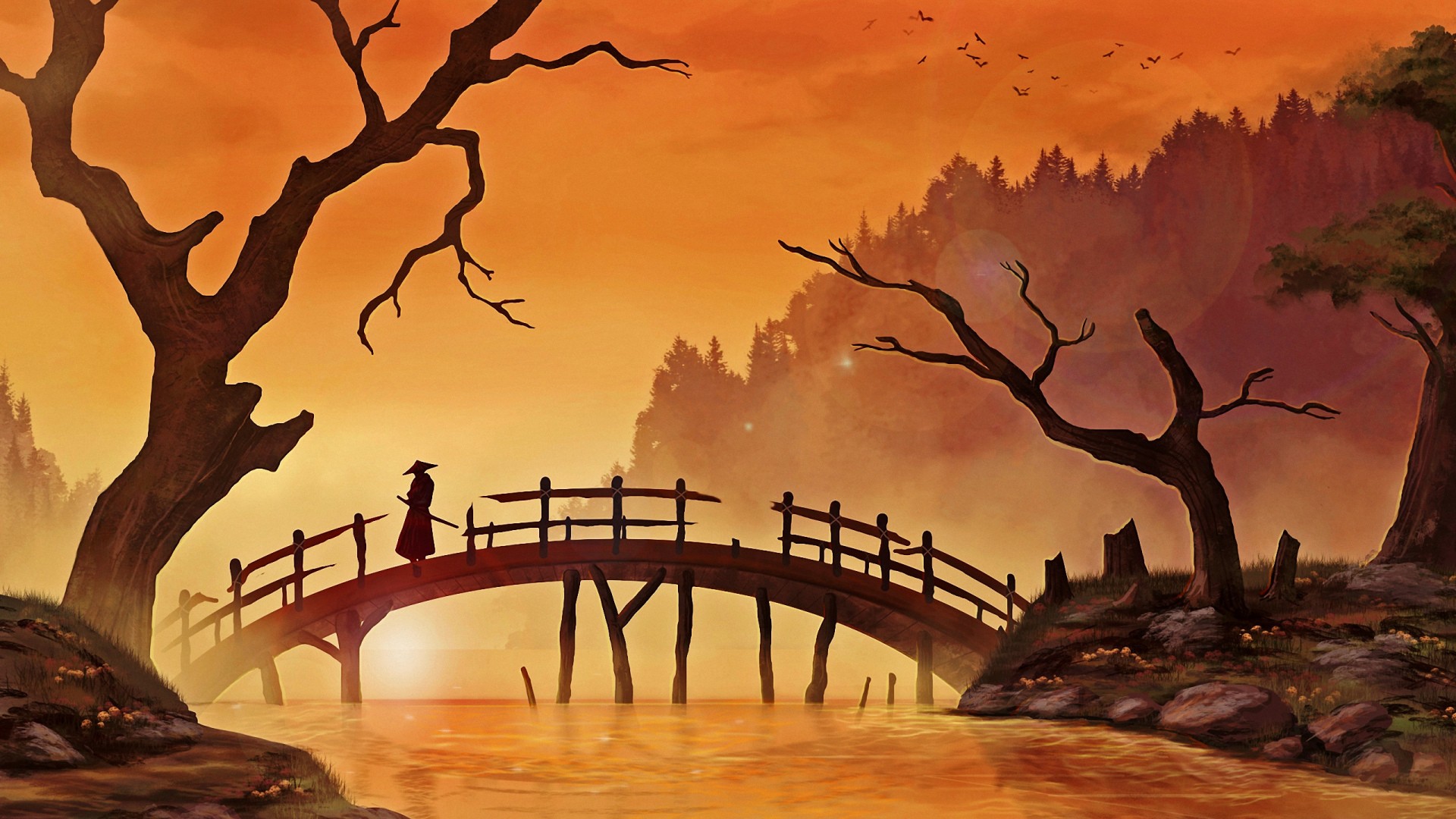 Samurai on a bridge at sunset HD Wallpaper