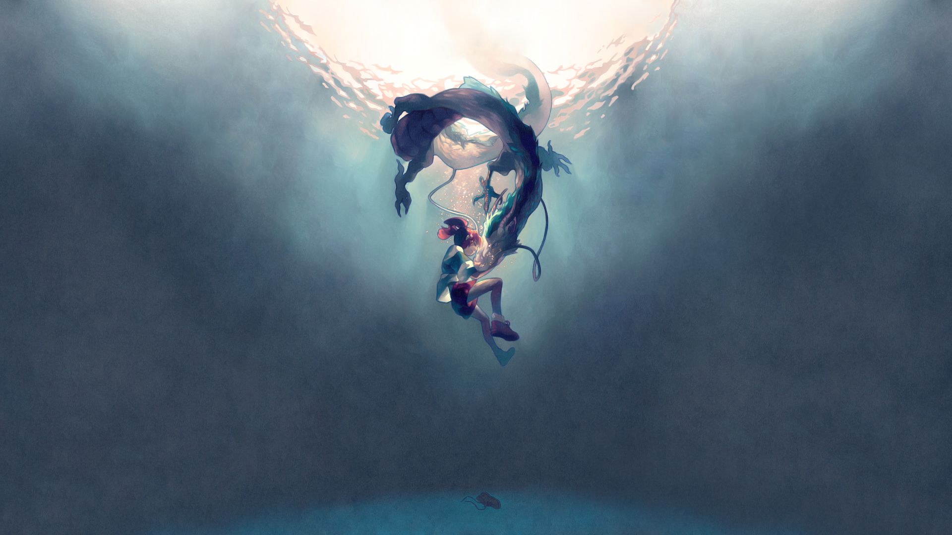 Chihiro and Haku underwater in Spirited Away HD Wallpaper