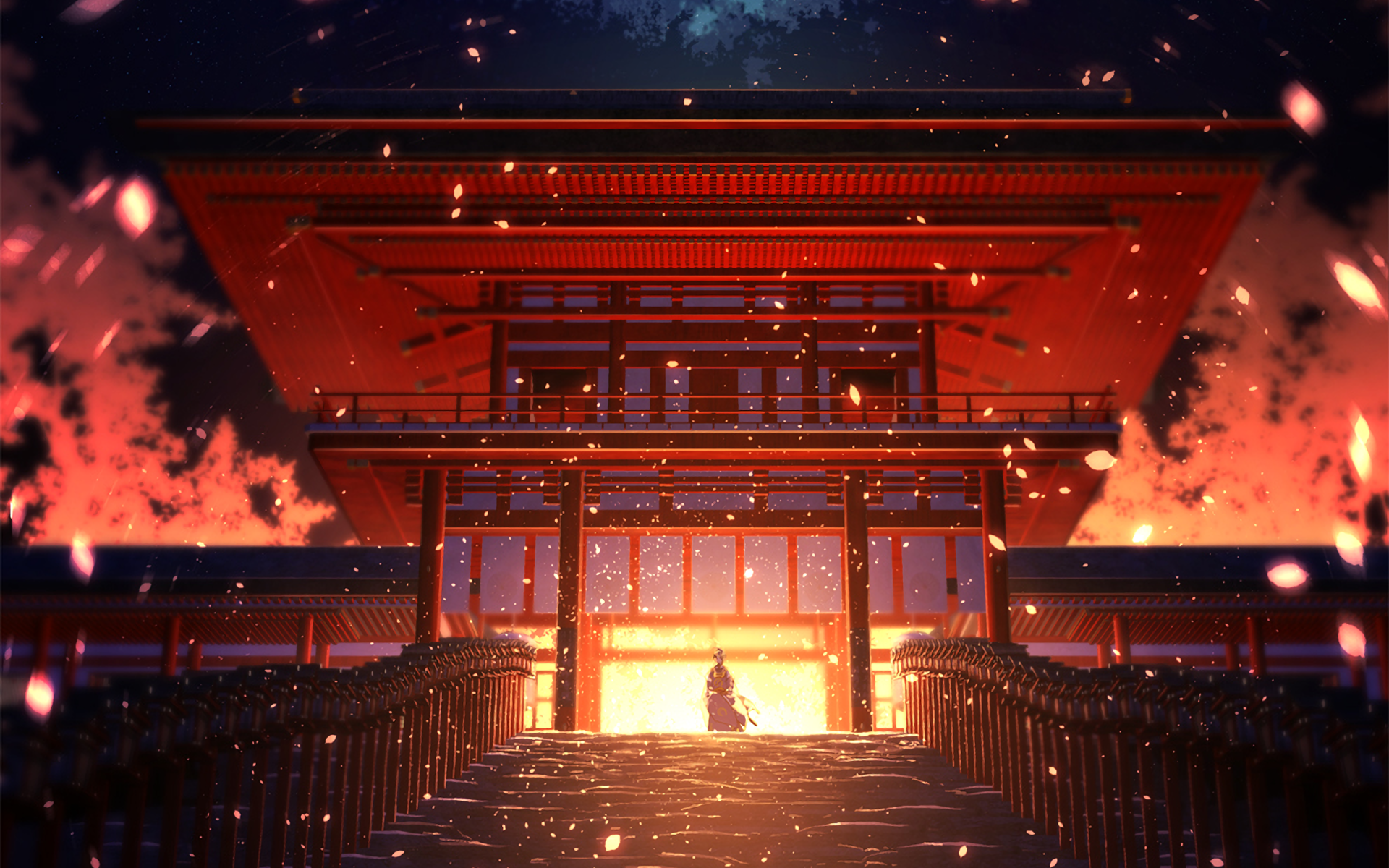 Touken Ranbu shrine with a warrior in front of fire HD Wallpaper