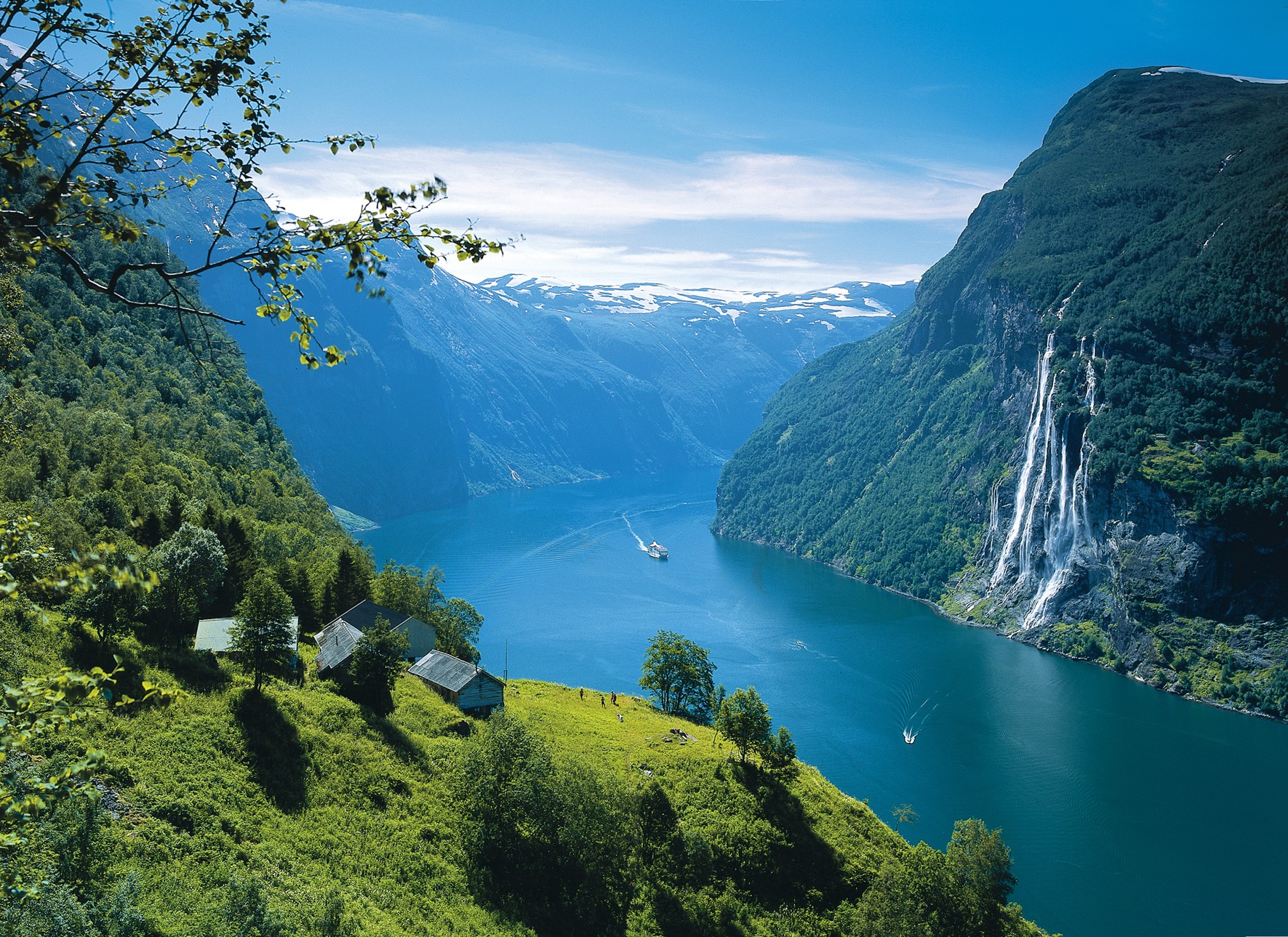 Geirangerfjord, Norway with waterfalls and houses HD Wallpaper