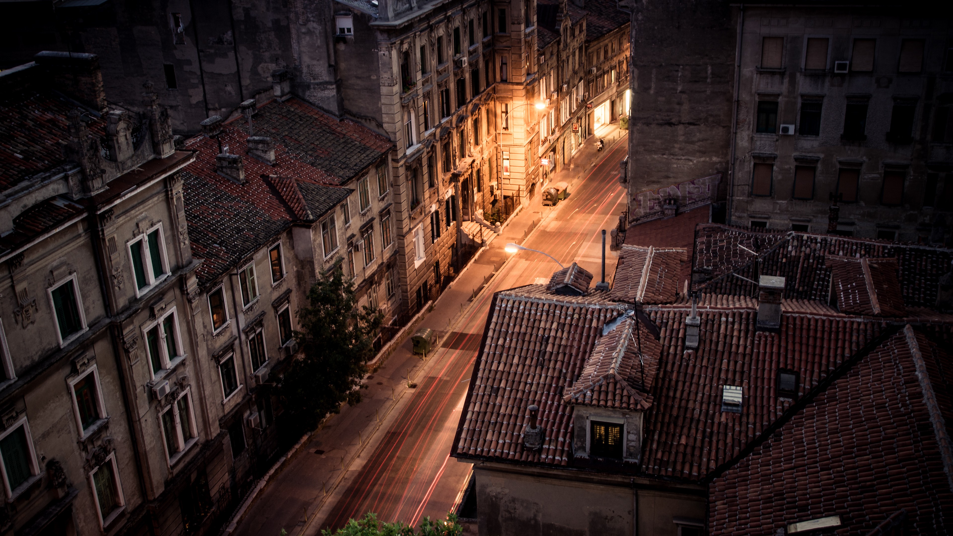 City street at night with light trails HD Wallpaper