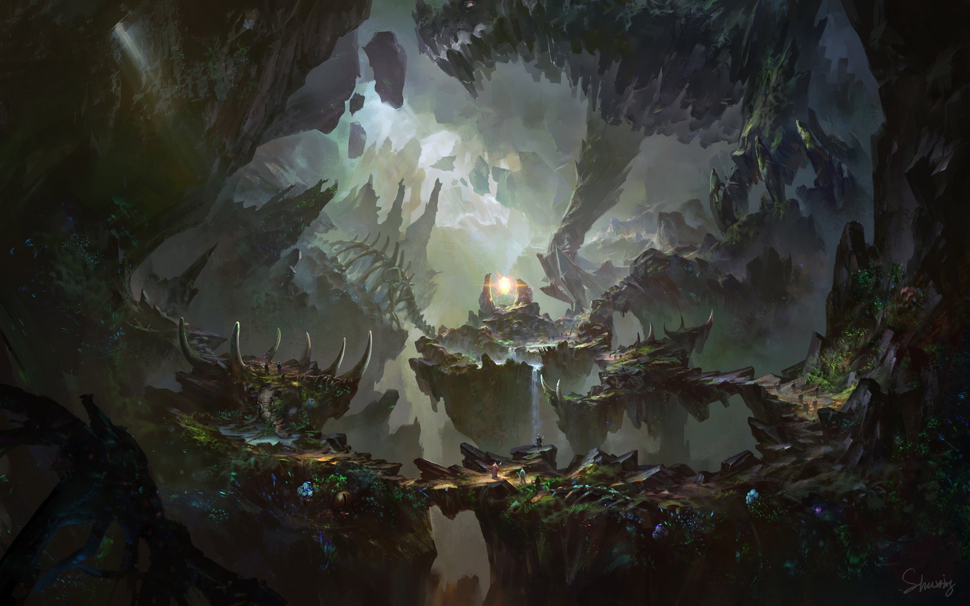 Fantasy cave with floating islands and a glowing orb HD Wallpaper