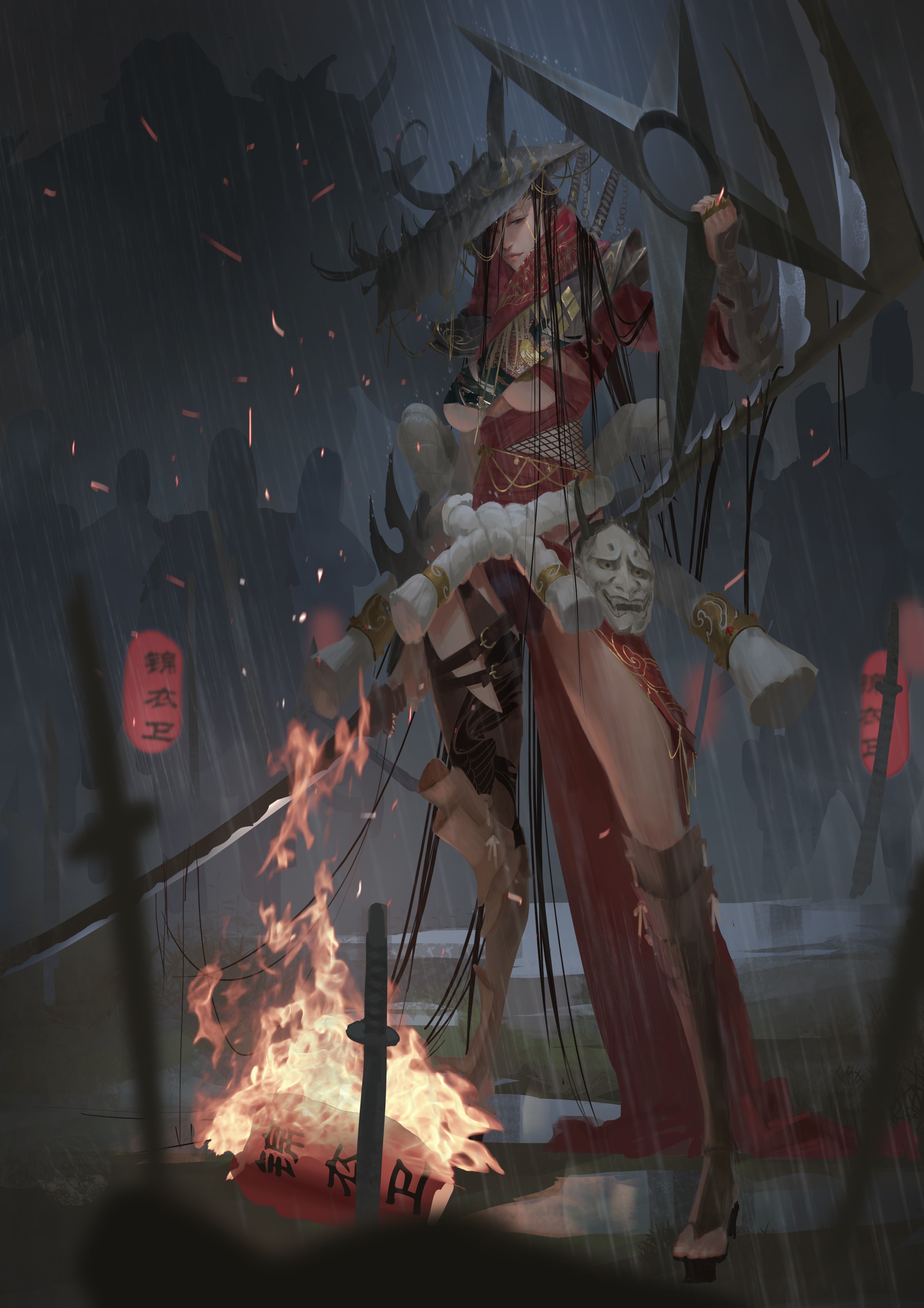 A witch in a red kimono with a mask and scythes HD Wallpaper